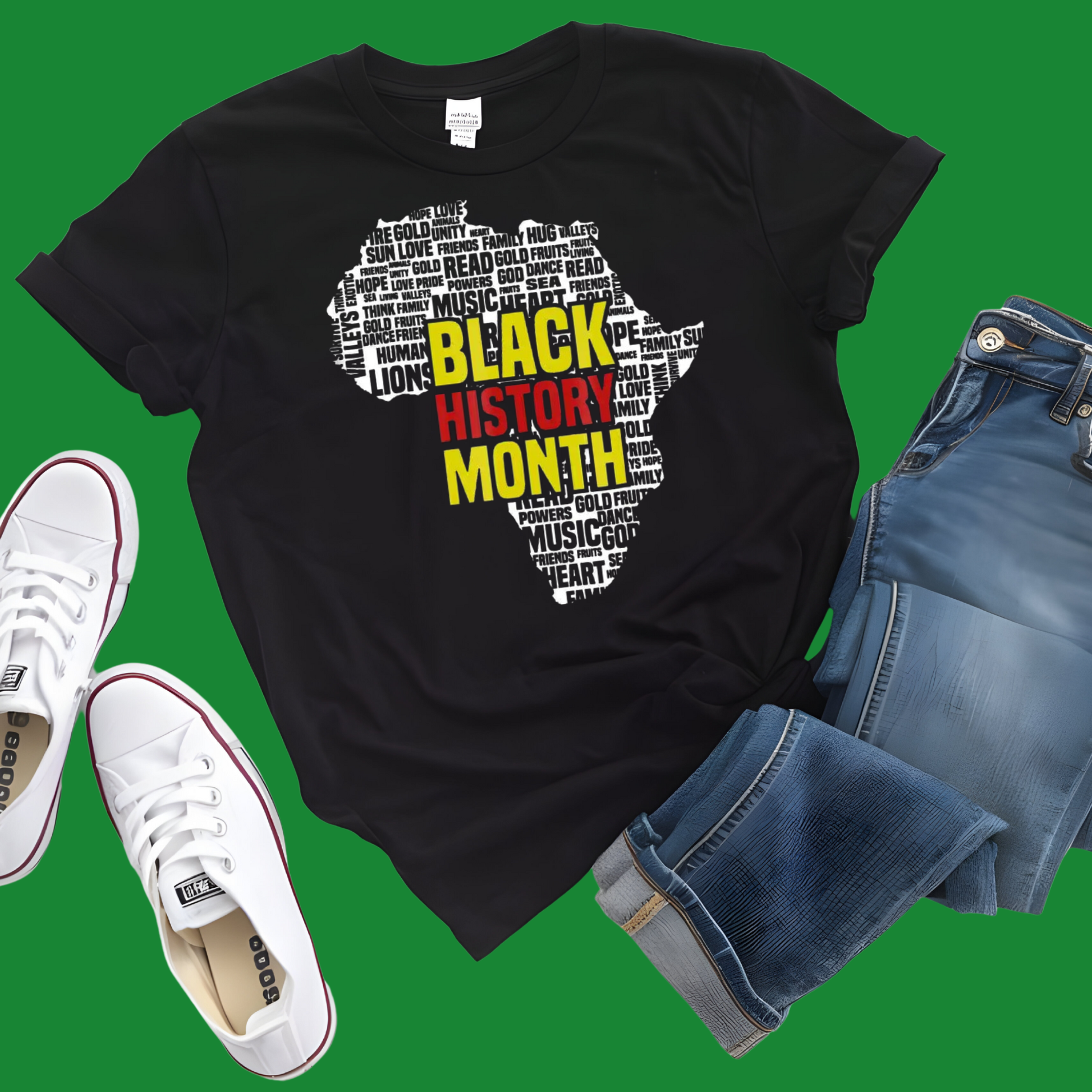 Black t-shirt with 'Black History Month' design, white sneakers, and blue shorts on a green background