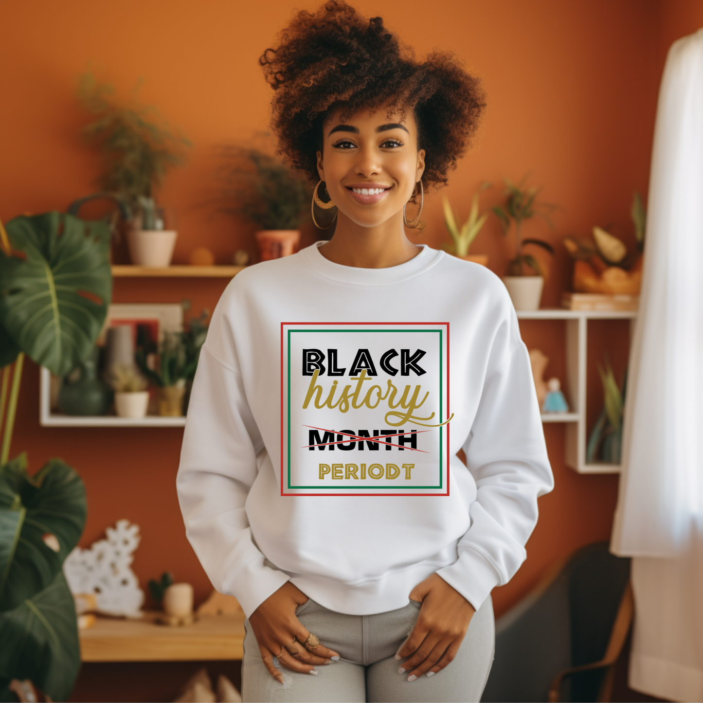 Black Women wearing black history month periodt white warm and heavy sweatshirt sweater to wear marching on the black history parade route