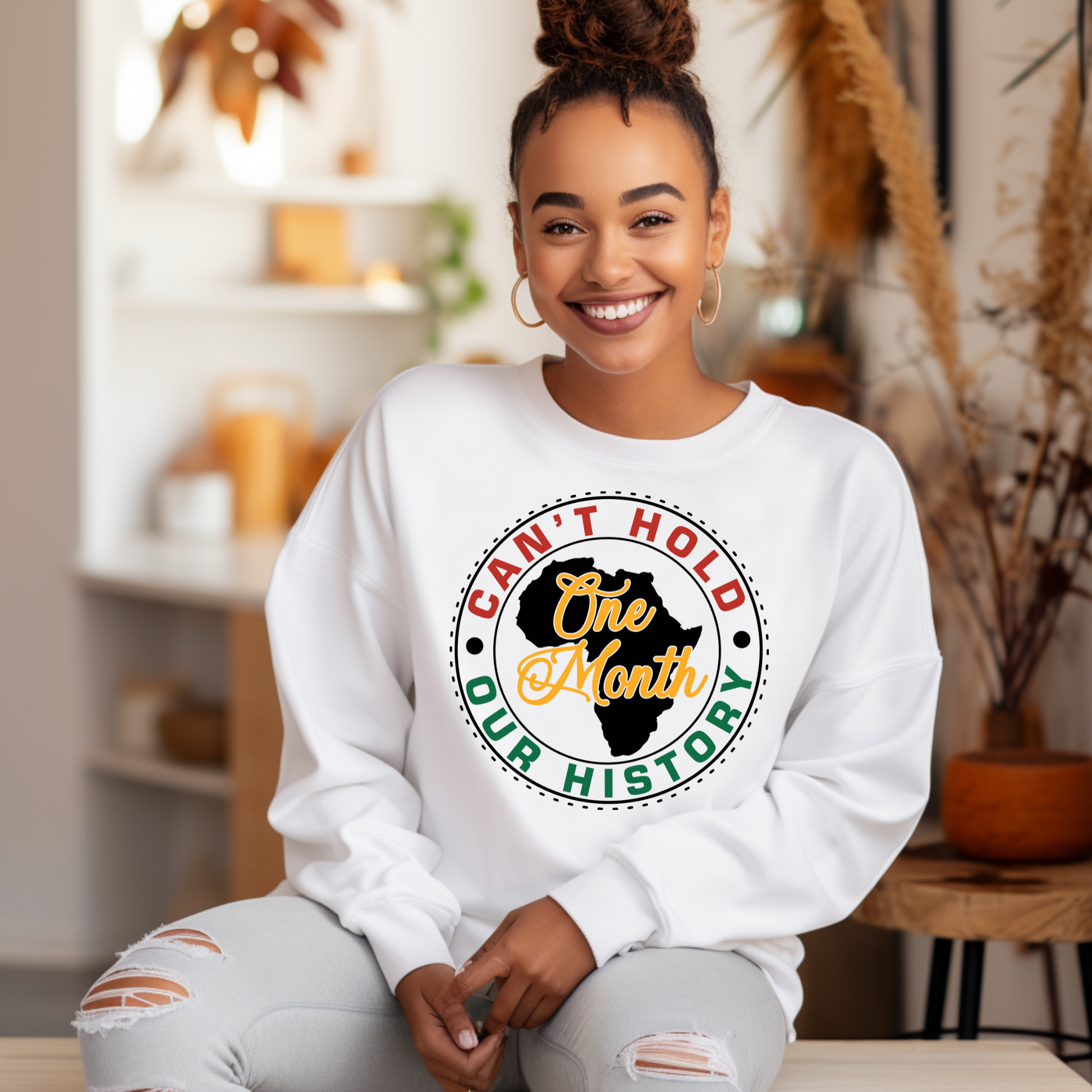 Black Women wearing white warm crewneck sweatshirt sweater with the phrase One Month Can't Hold our history in support of Black Culture and Black History Month Celebration parades 