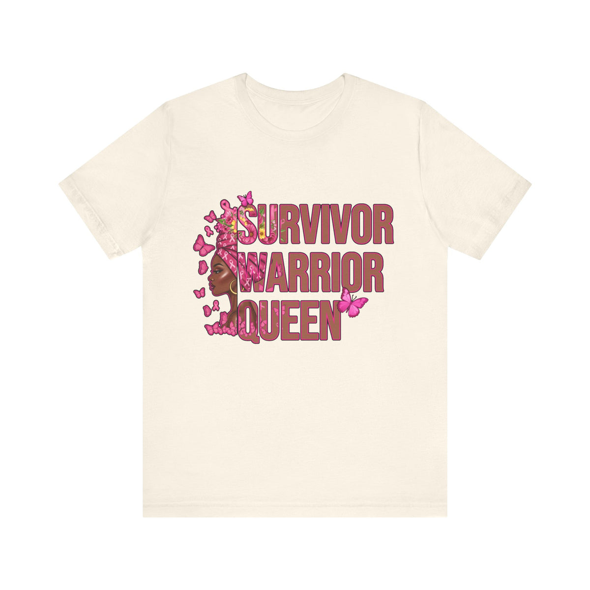 Beige t-shirt with 'Survivor Warrior Queen' design on a white background