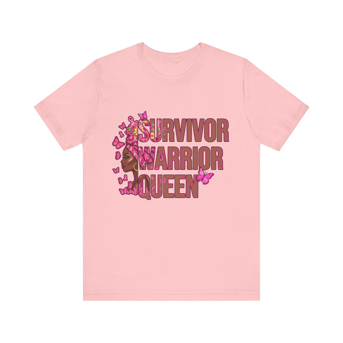 Pink t-shirt with 'Survivor Warrior Queen' design on a white background