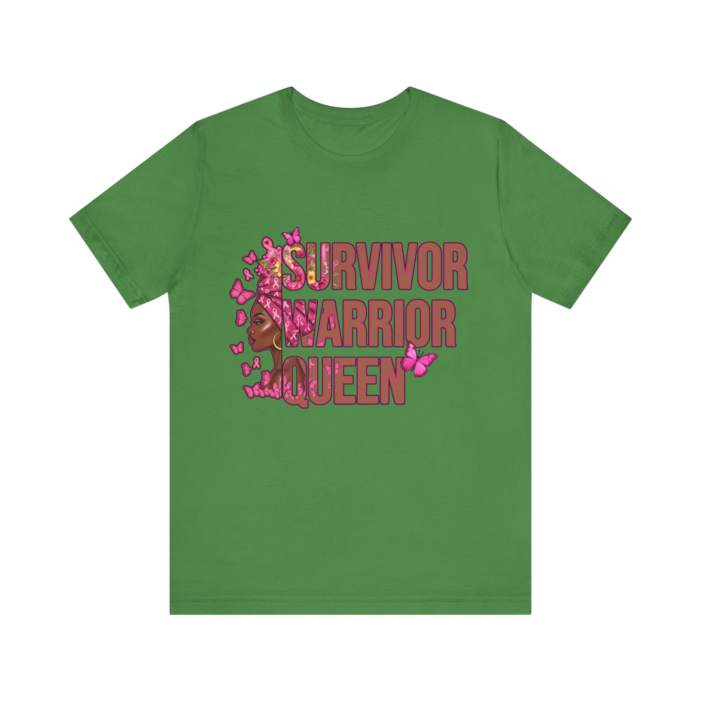 Green t-shirt with 'Survivor Warrior Queen' text and design on a white background
