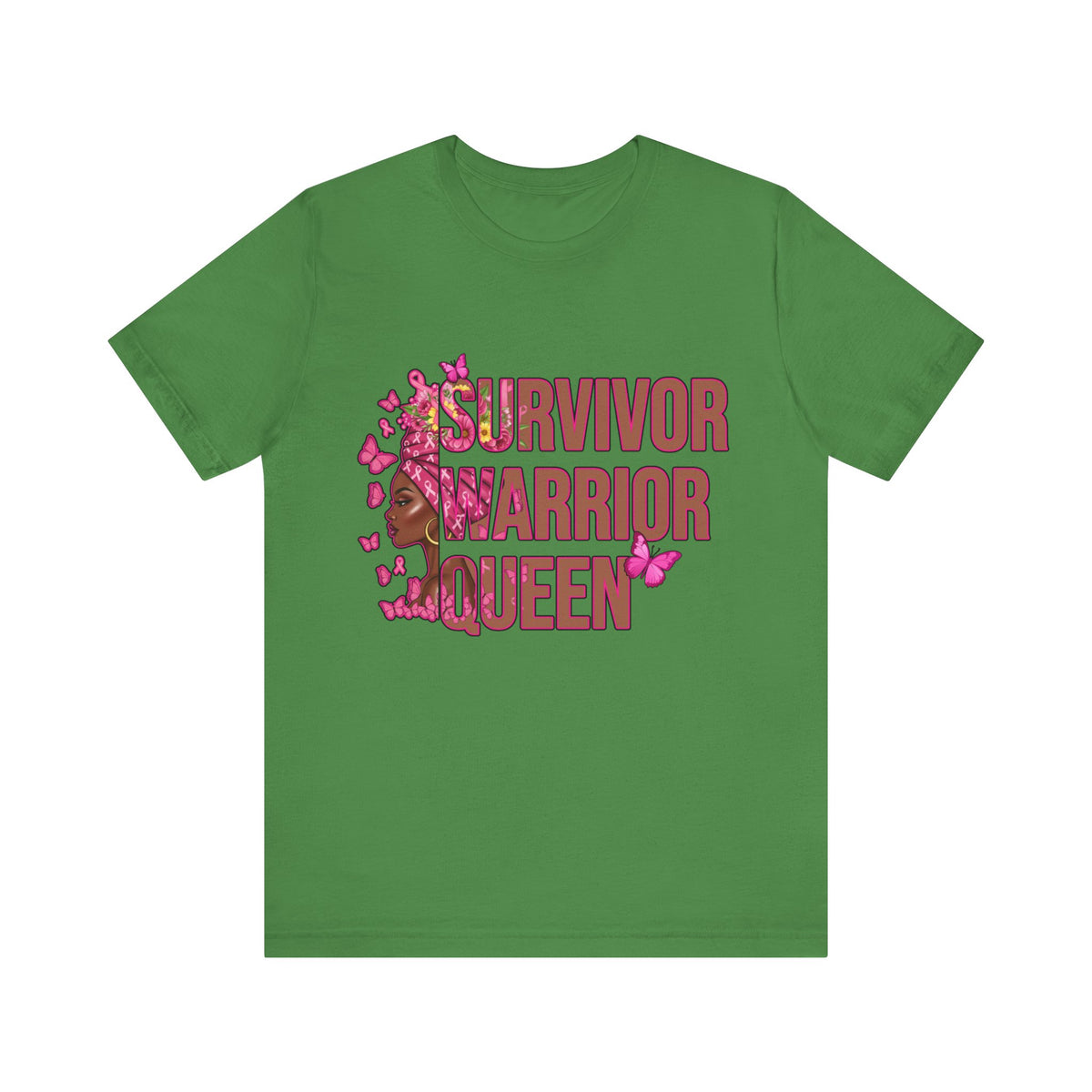 Green t-shirt with 'Survivor Warrior Queen' text and design on a white background