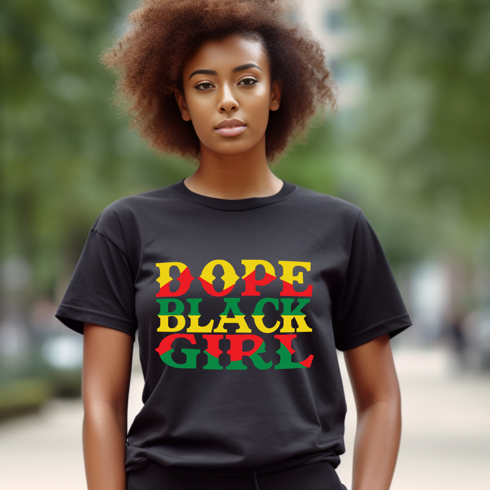 Black Women wearing a "DOPE BLACK GIRL" T-shirt, celebrating Black heritage and empowerment. Bold, stylish lettering on a comfortable, black tee to celebrate black pride and culture