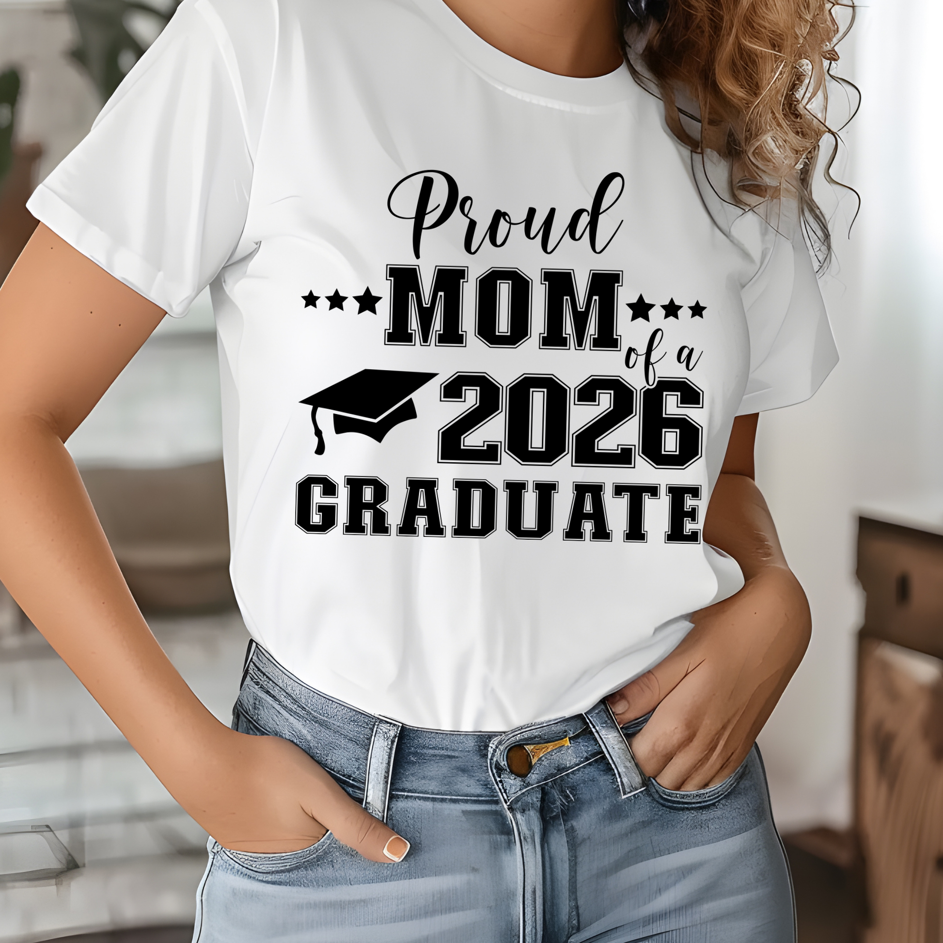 Person wearing a white t-shirt with 'Proud Mom of a 2026 Graduate' text.