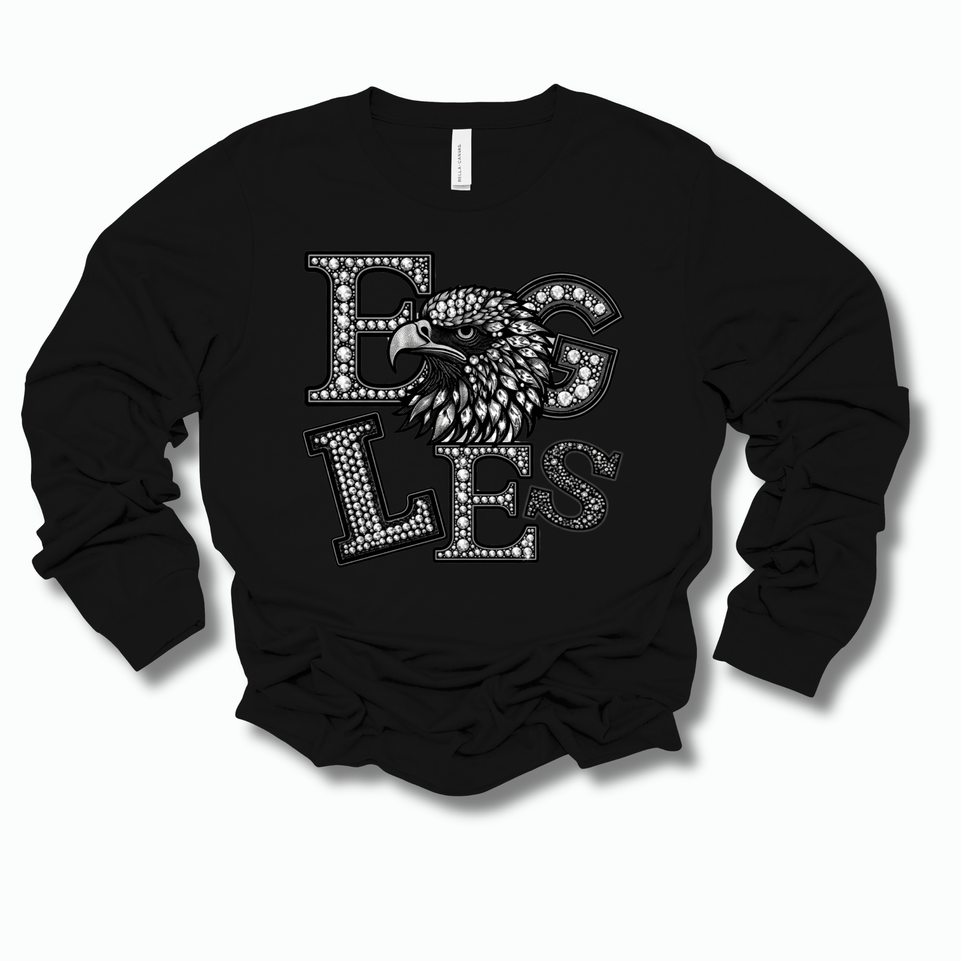A black long-sleeve crewneck sweatshirt featuring a large 'COME DAY' graphic on the front, where each letter is filled with a pattern of white dots and small football motifs, set against a plain white background.