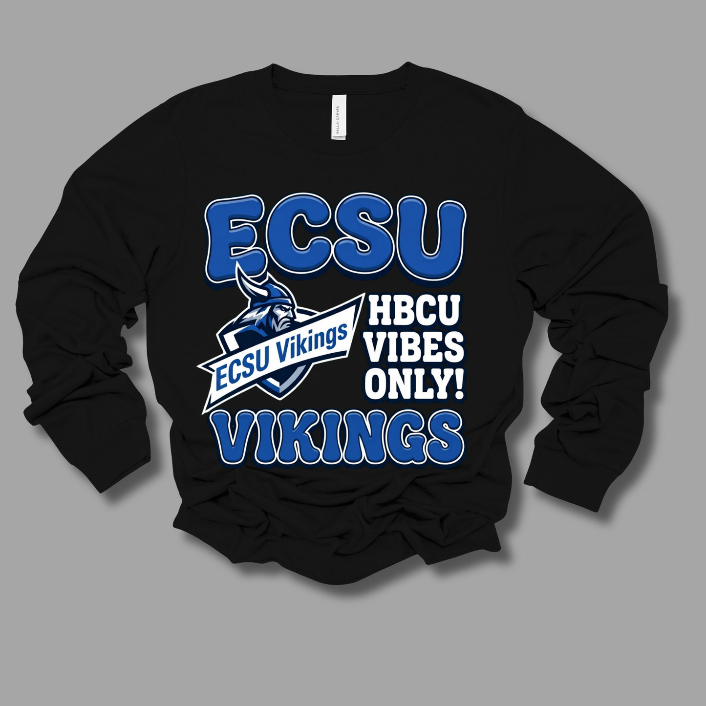 A black long-sleeve crewneck sweatshirt featuring a blue and white graphic print that reads 'ECSU HBCU VIBES ONLY! VIKINGS' with the ECSU Vikings logo, displayed on a solid gray background.