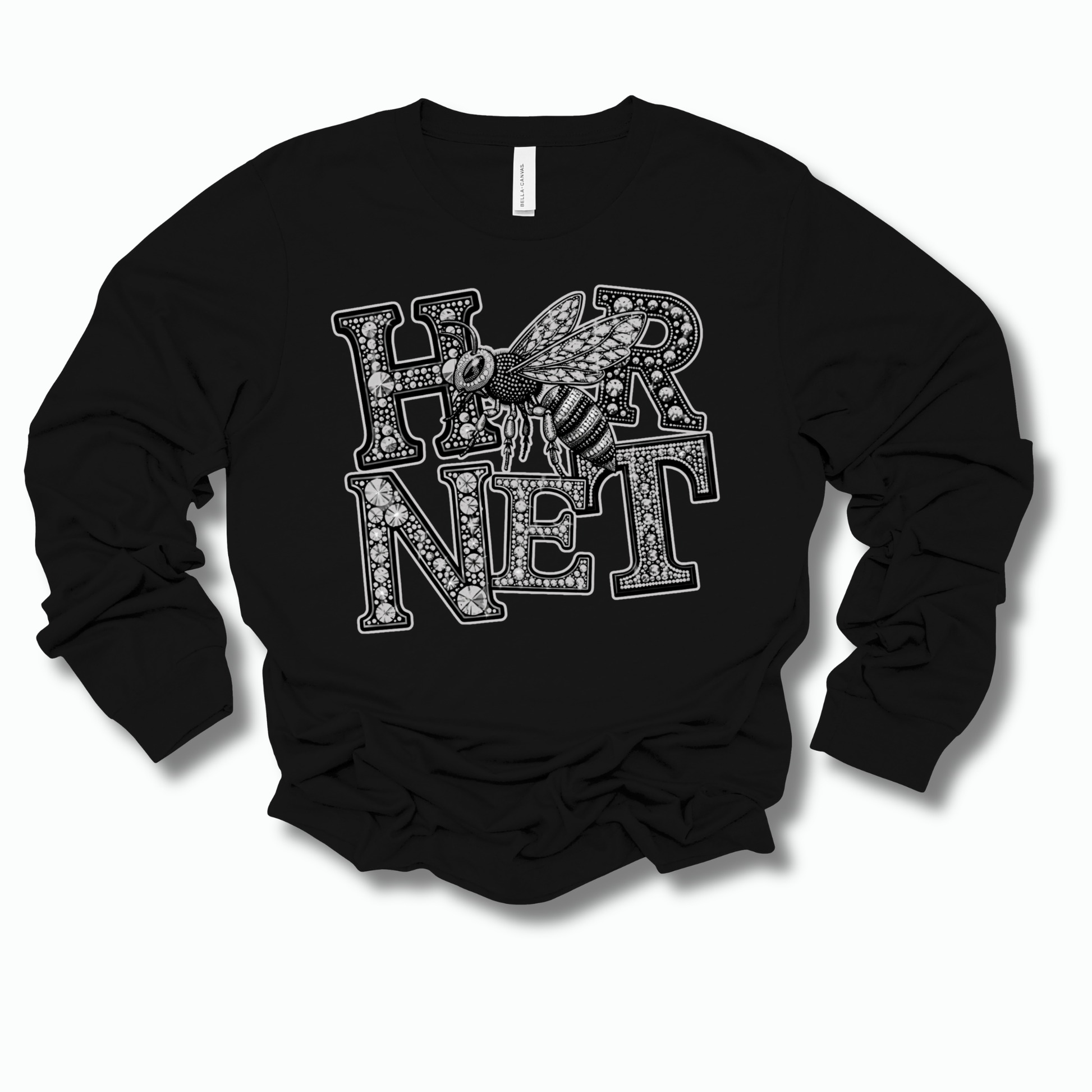 A black long-sleeve crewneck sweatshirt featuring a large 'COME DAY' graphic on the front, where each letter is filled with a pattern of white dots, stars, and football motifs, set against a plain white background.