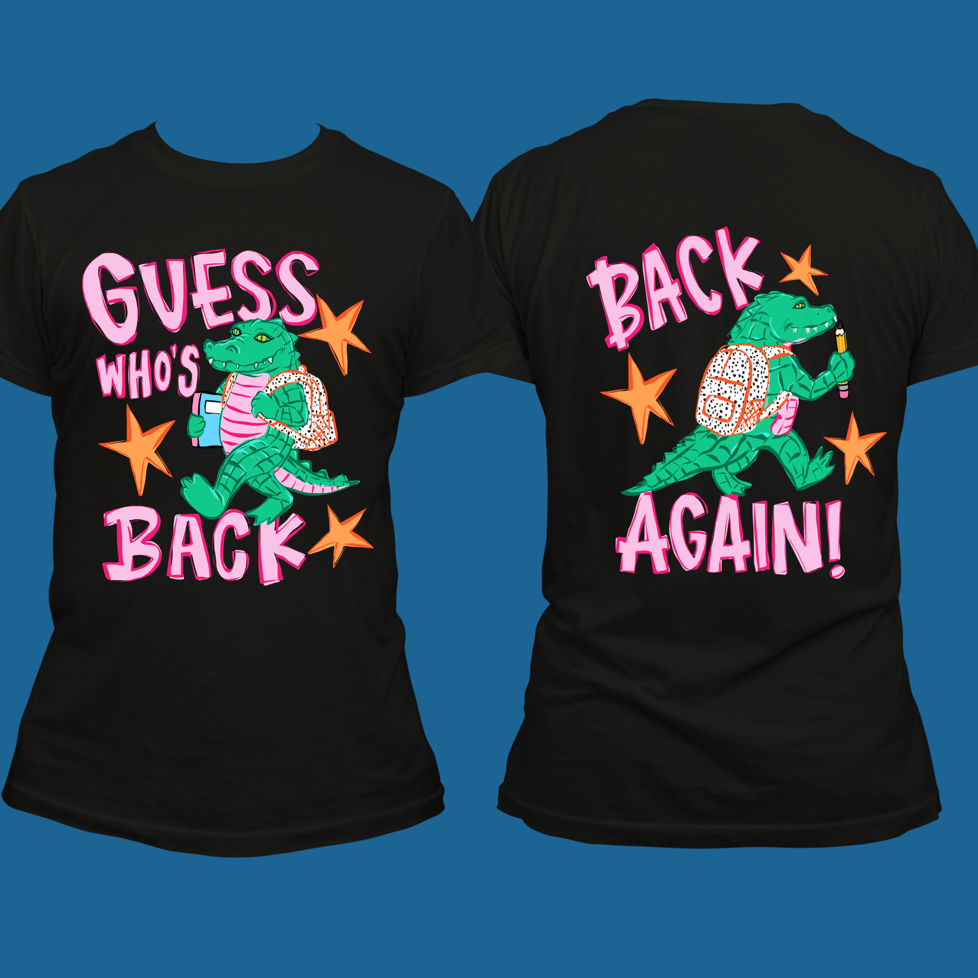 Front and back views of a black short-sleeve graphic t-shirt featuring a green alligator wearing a pink striped shirt and holding a pink drink, surrounded by orange stars, with the text 'GUESS WHO'S BACK' on the front and 'BACK AGAIN!' on the back, set against a solid blue background.