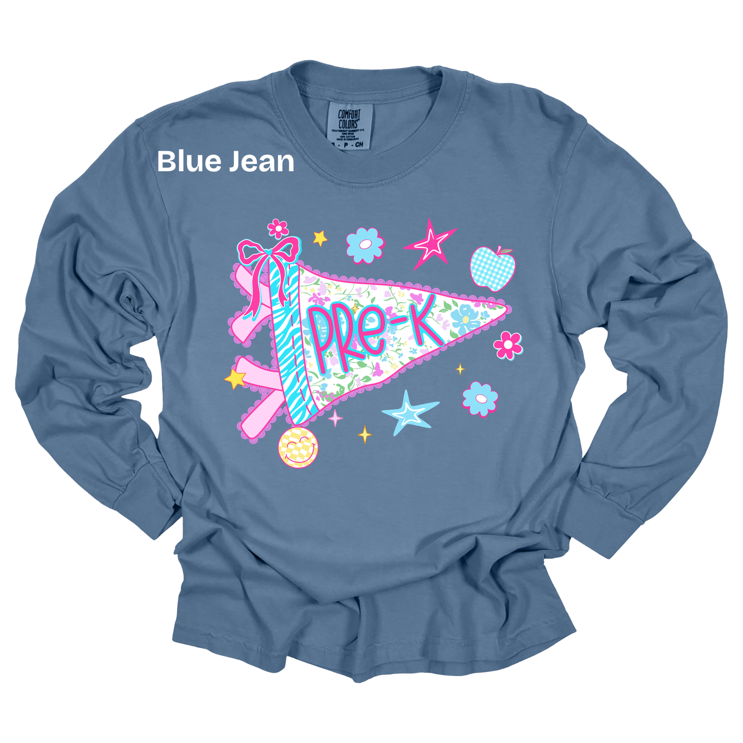 A blue long-sleeve t-shirt with a colorful 'Pre-K' pennant graphic on the front, featuring a pink ribbon, stars, and flowers. The text 'Blue Jean' is printed in white near the upper left chest.