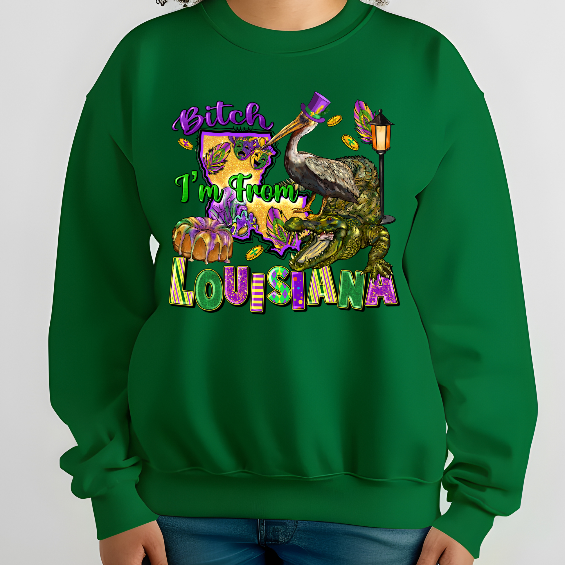 Green sweatshirt with colorful text and graphics on a white background