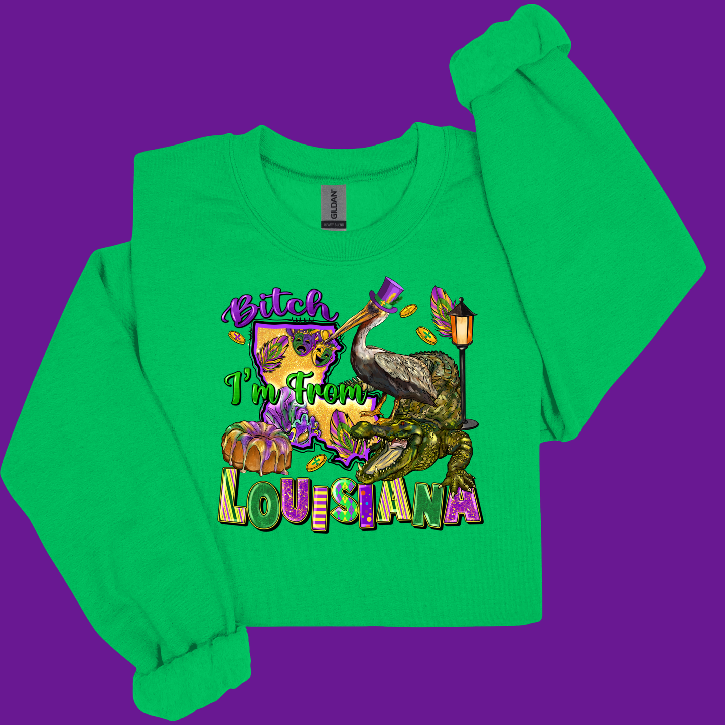 Green sweatshirt with colorful graphic and text on a purple background