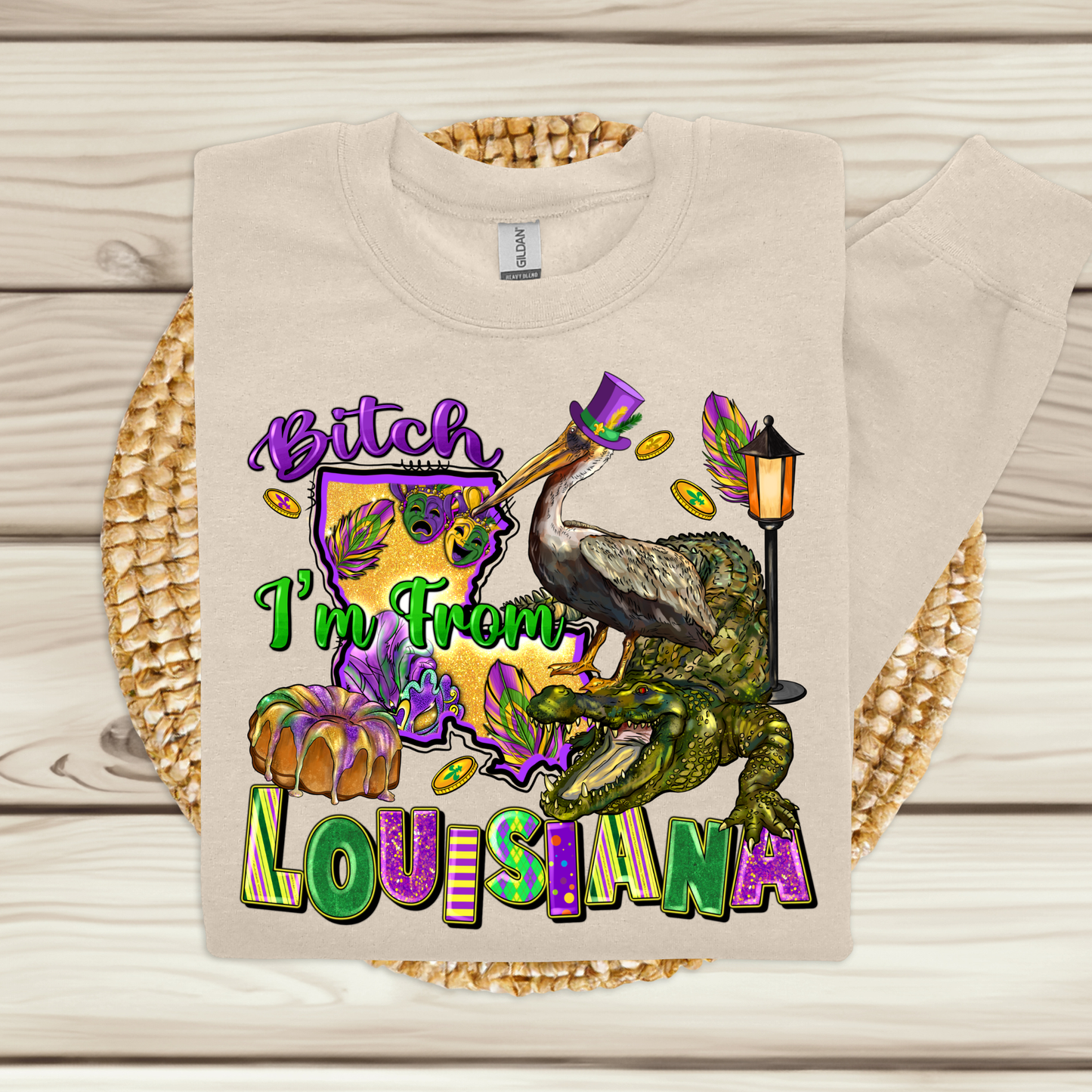 T-shirt with colorful graphics and text on a woven mat