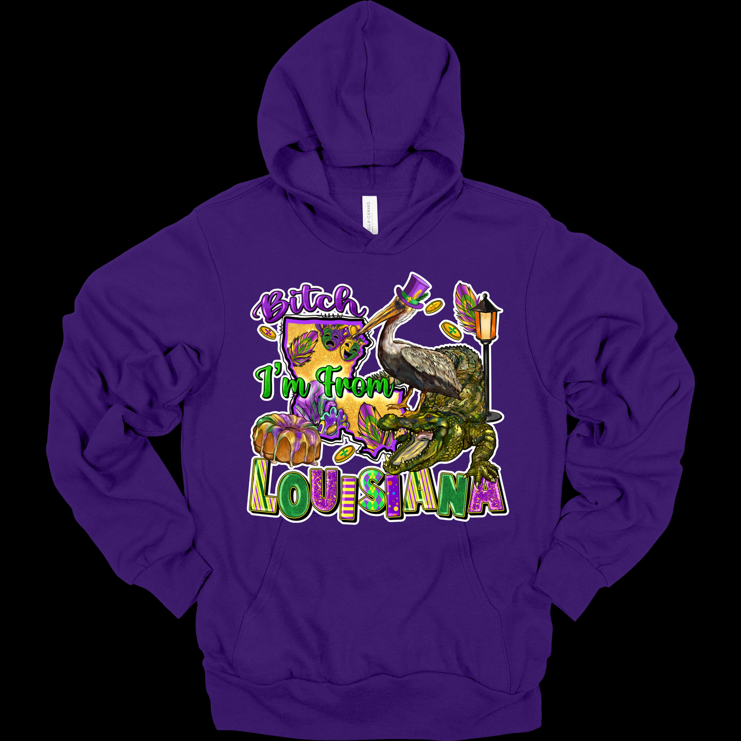 Purple hoodie with a colorful graphic and text on a white background