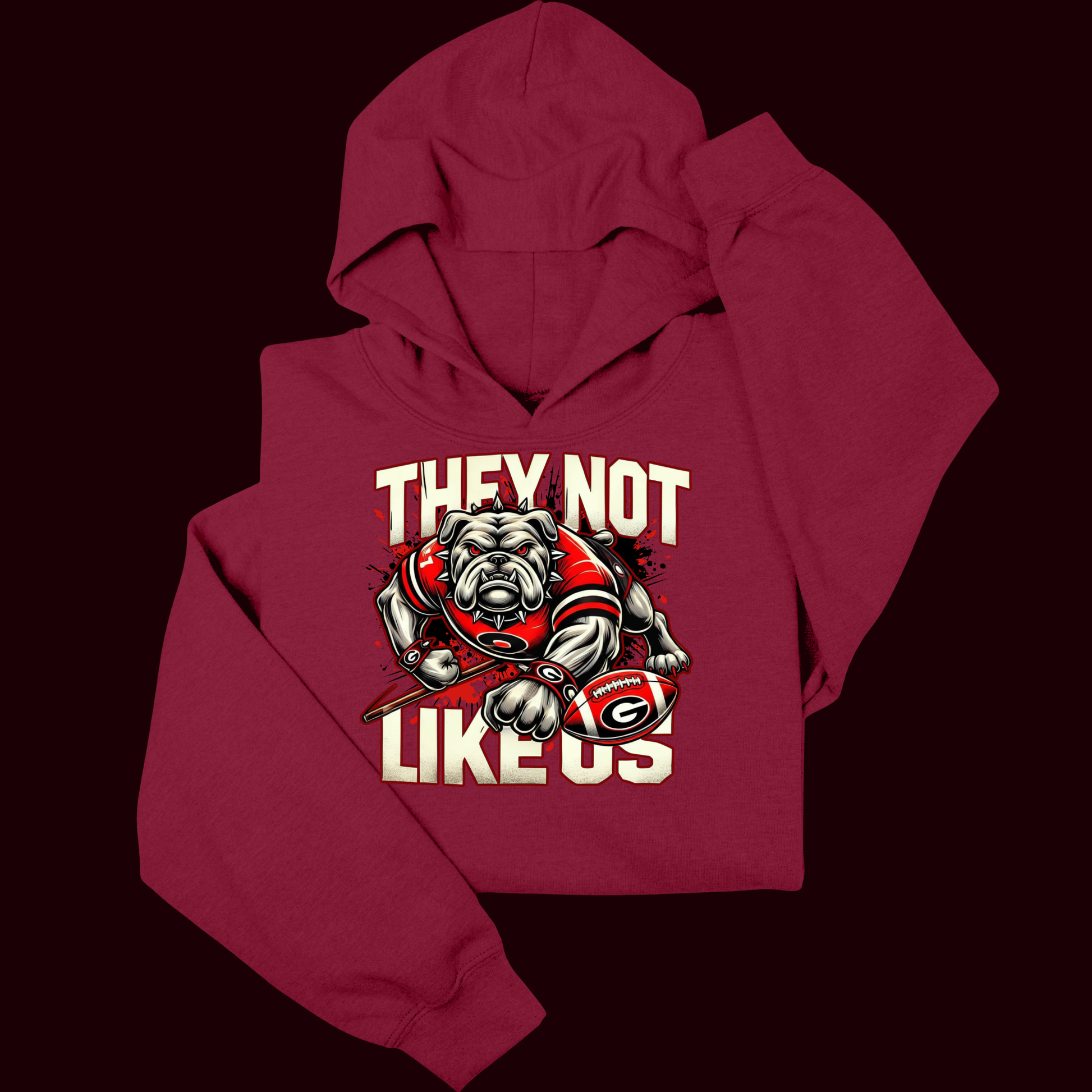 Maroon hoodie with a graphic of a bulldog and text on a dark background