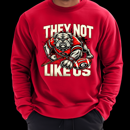 Red sweatshirt with bulldog graphic and text on a black background