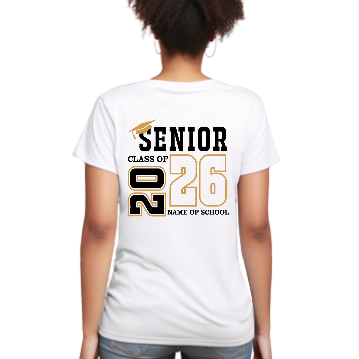 White t-shirt with 'Senior Class of 2026' text on the back, worn by a person.