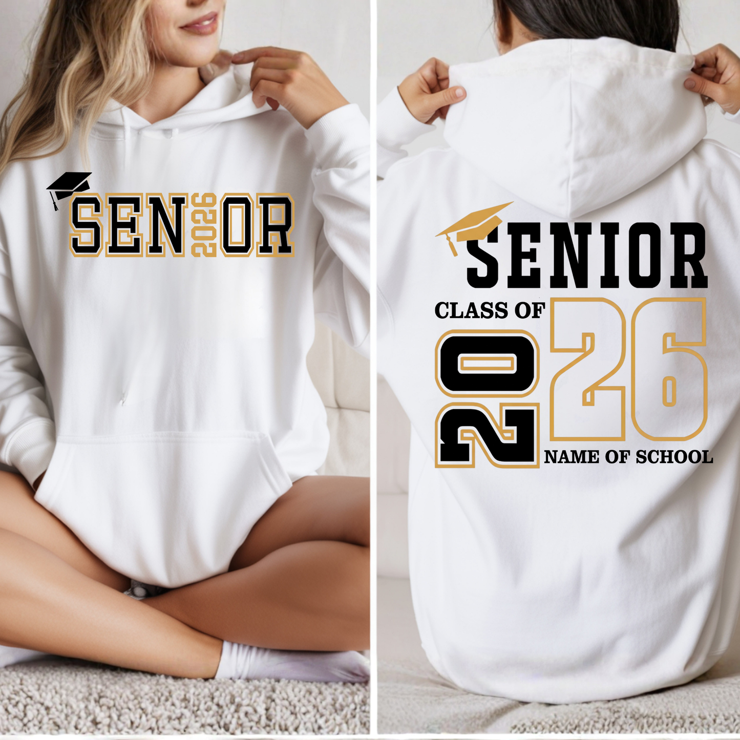 White hoodie with 'Senior 2026' text on front and back, worn by a person.