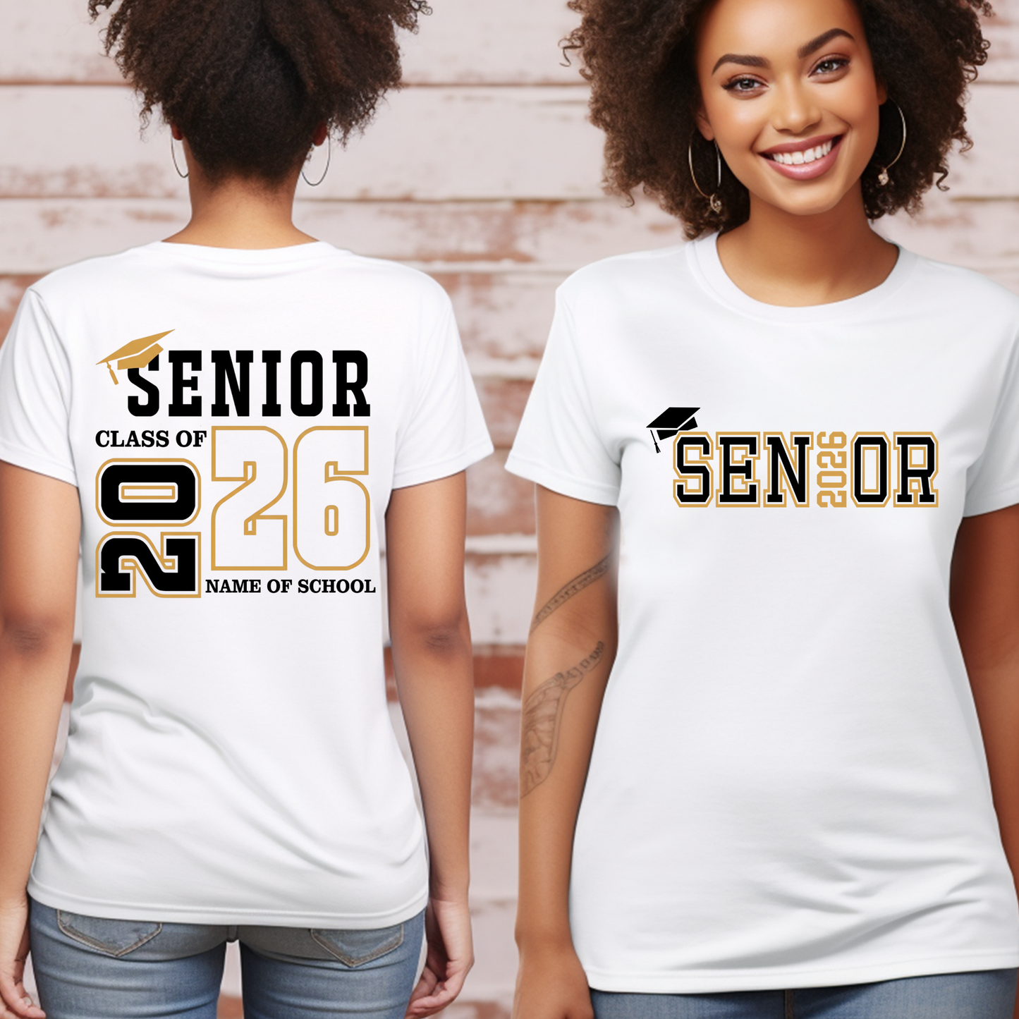 Two people wearing 'Senior 2026' t-shirts, one with text on the front and one with text on the back.