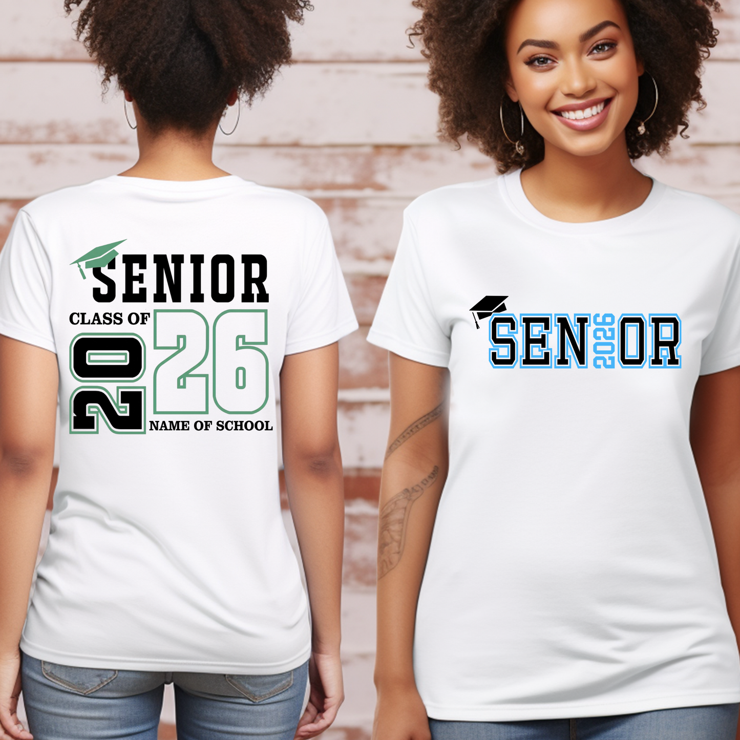 Two people wearing white t-shirts with 'Senior 2026' text, one on front and one on back.