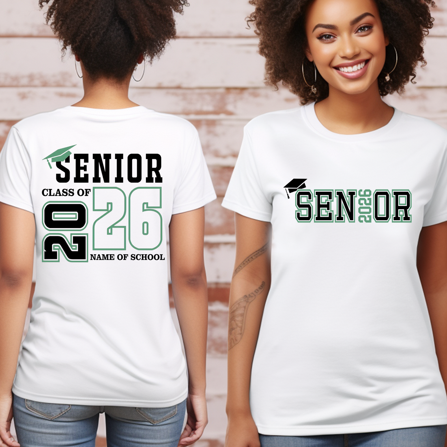 Two people wearing white t-shirts with 'Senior 2026' text, one showing the front and the other the back.