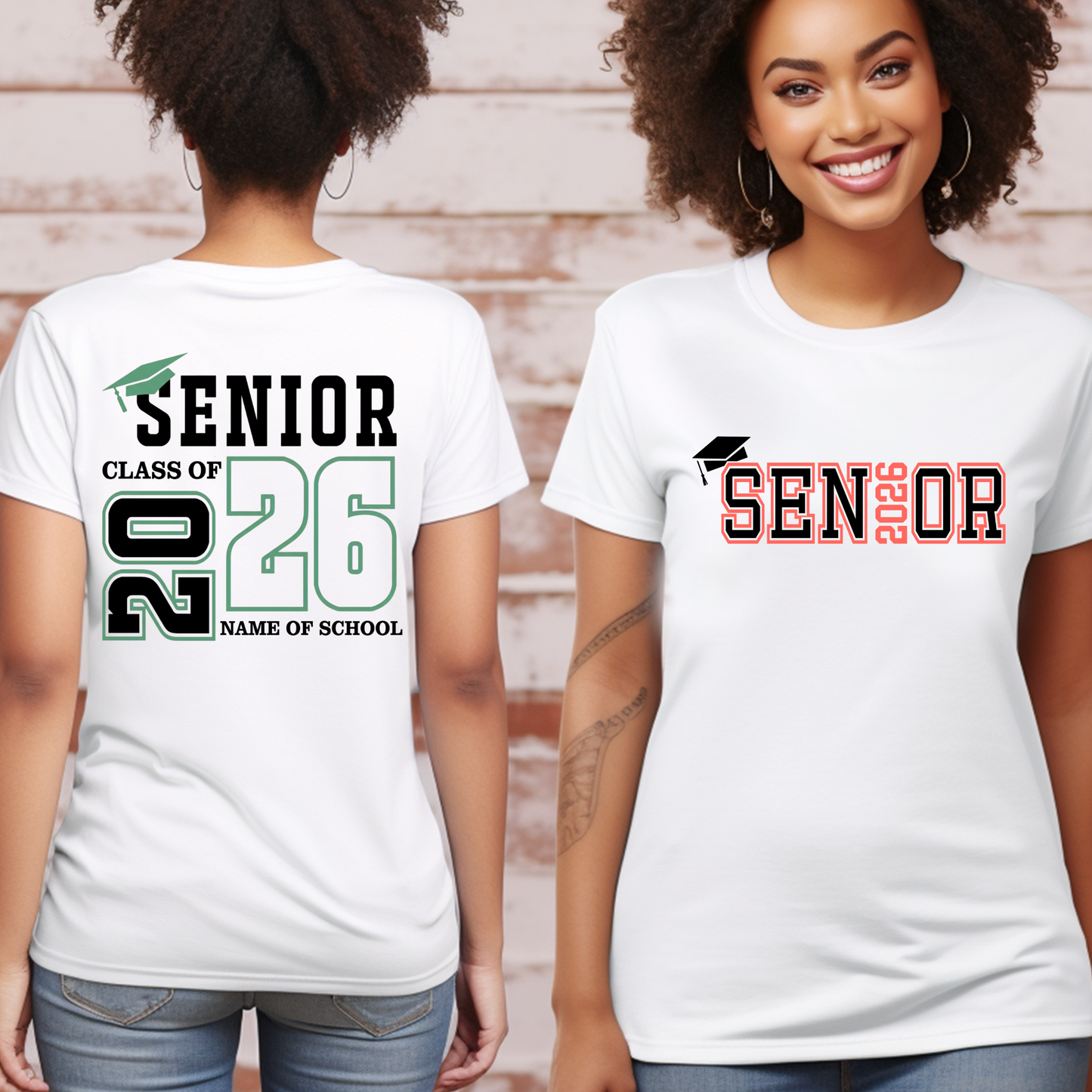 Two people wearing white t-shirts with 'Senior 2026' text, one on the front and one on the back.