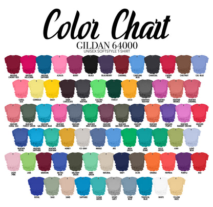 Color chart for Gildan 64000 unisex softstyle t-shirts with various colors.