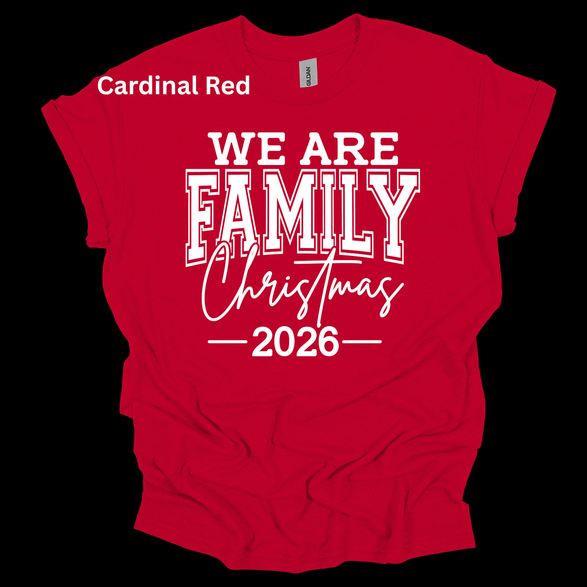 Set of five black matching family t-shirts printed with white 'We Are Family Christmas 2026' collegiate typography on a wooden backdrop.