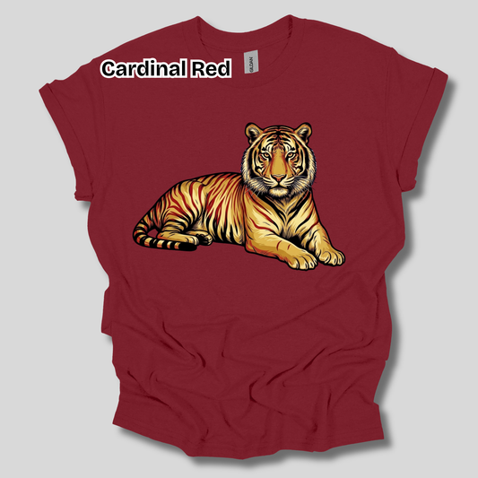 A maroon short-sleeve t-shirt with a graphic of a lying tiger on the front. The text 'Cardinal Red' is printed in white with a black outline near the upper left chest.