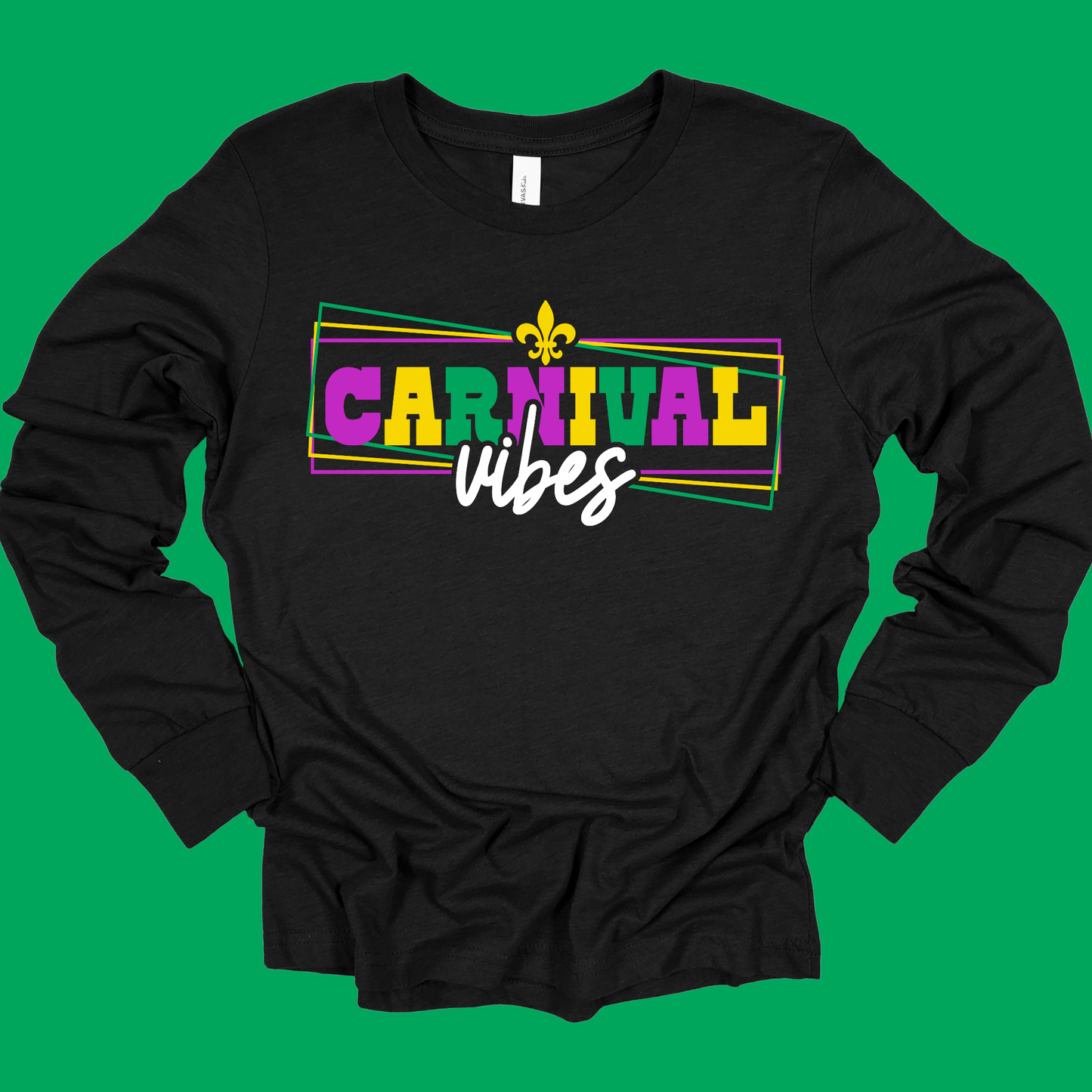 Black long-sleeve shirt with 'Carnival vibes' text on a green background
