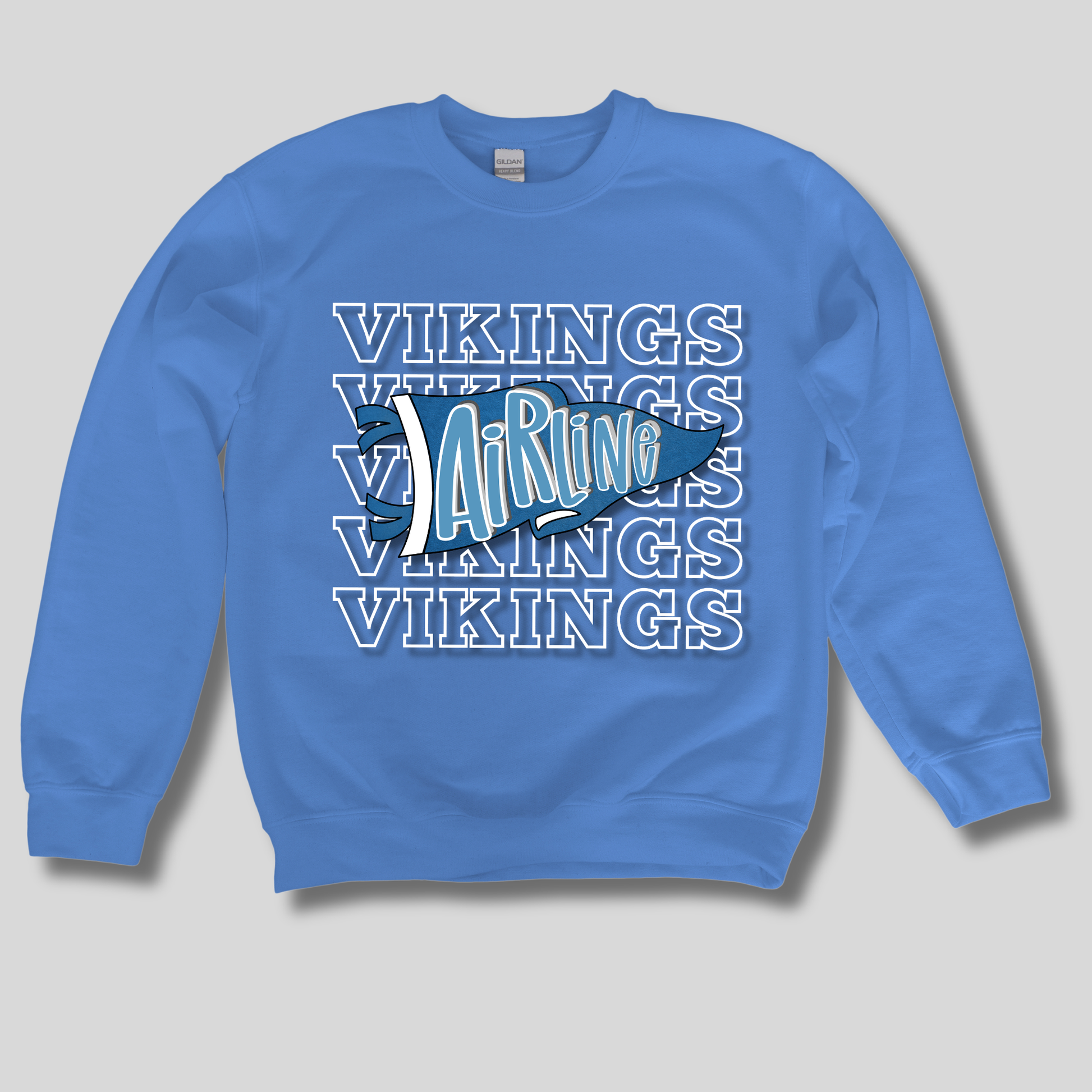 A blue crewneck sweatshirt featuring a graphic design on the front with the word 'VIKINGS' repeated in white outline text, overlaid with a stylized blue and white 'AirLine' pennant logo.