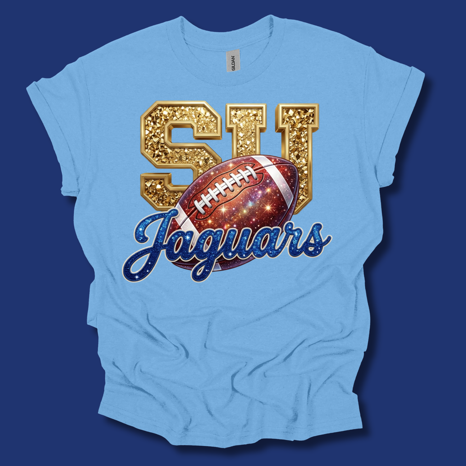 A light blue short-sleeve t-shirt with a graphic reading 'CAME DAY' in bold vertical navy and white letters, overlaid with 'Vikings' in a cursive navy script, shown on a dark navy background.