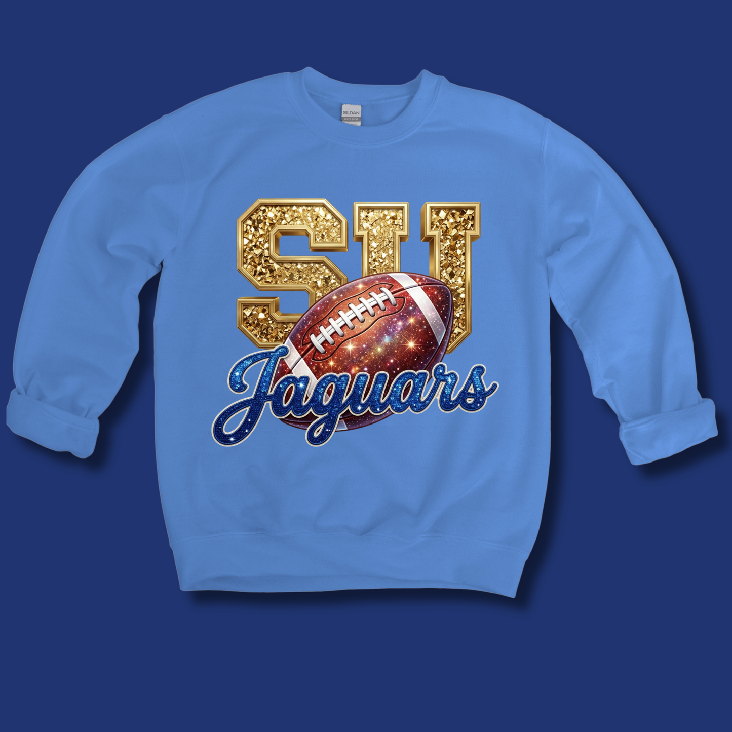 A light blue crewneck sweatshirt featuring a 'GAME DAY Vikings' graphic on the chest, displayed against a neutral gray background.