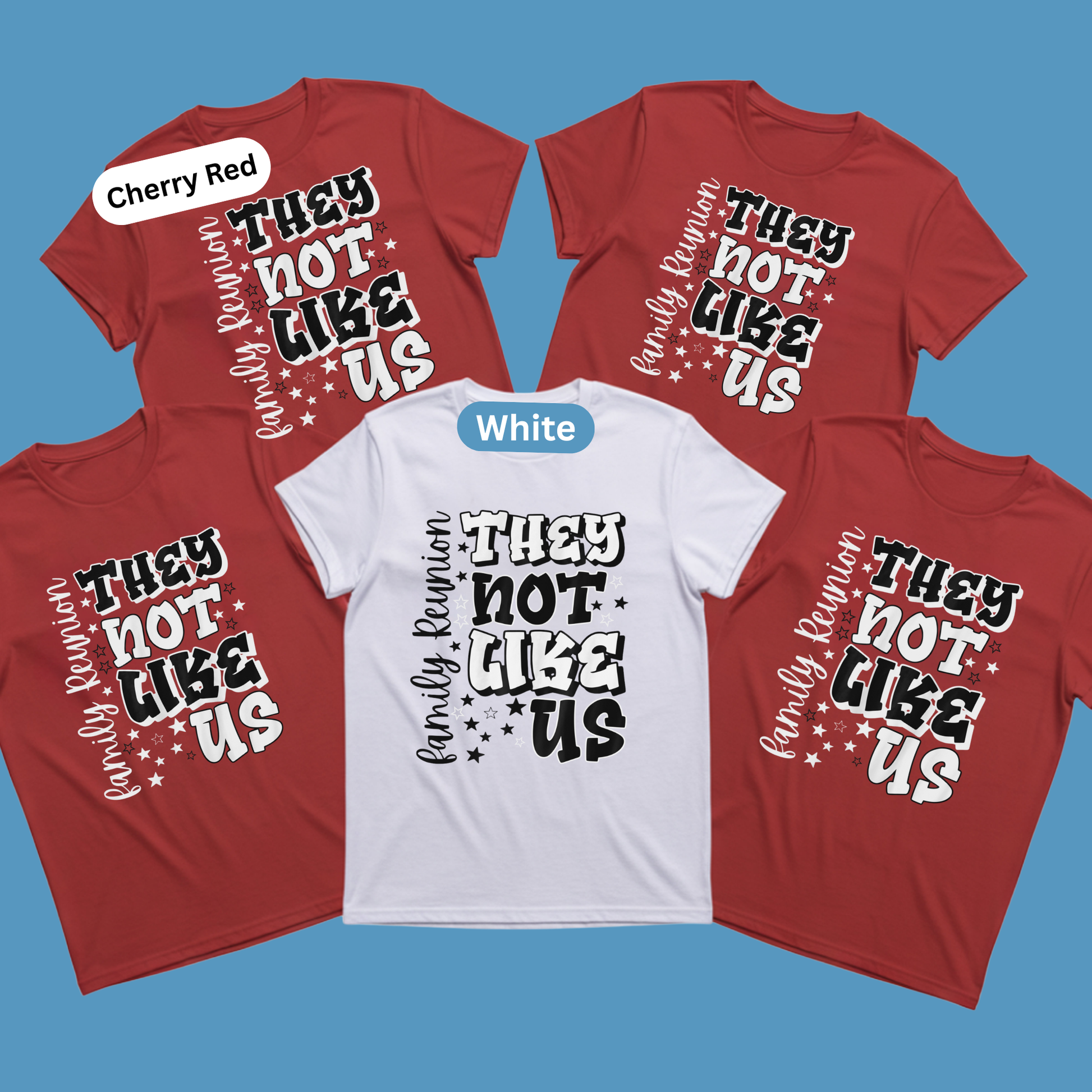 Four t-shirts with text design on a blue background