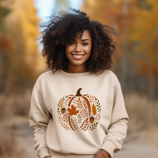 Woman wearing a beige sweatshirt with a pumpkin design in an autumn setting  Chic Botanical Pumpkin Sweatshirt: Fall Floral Crewneck Sweatshirt