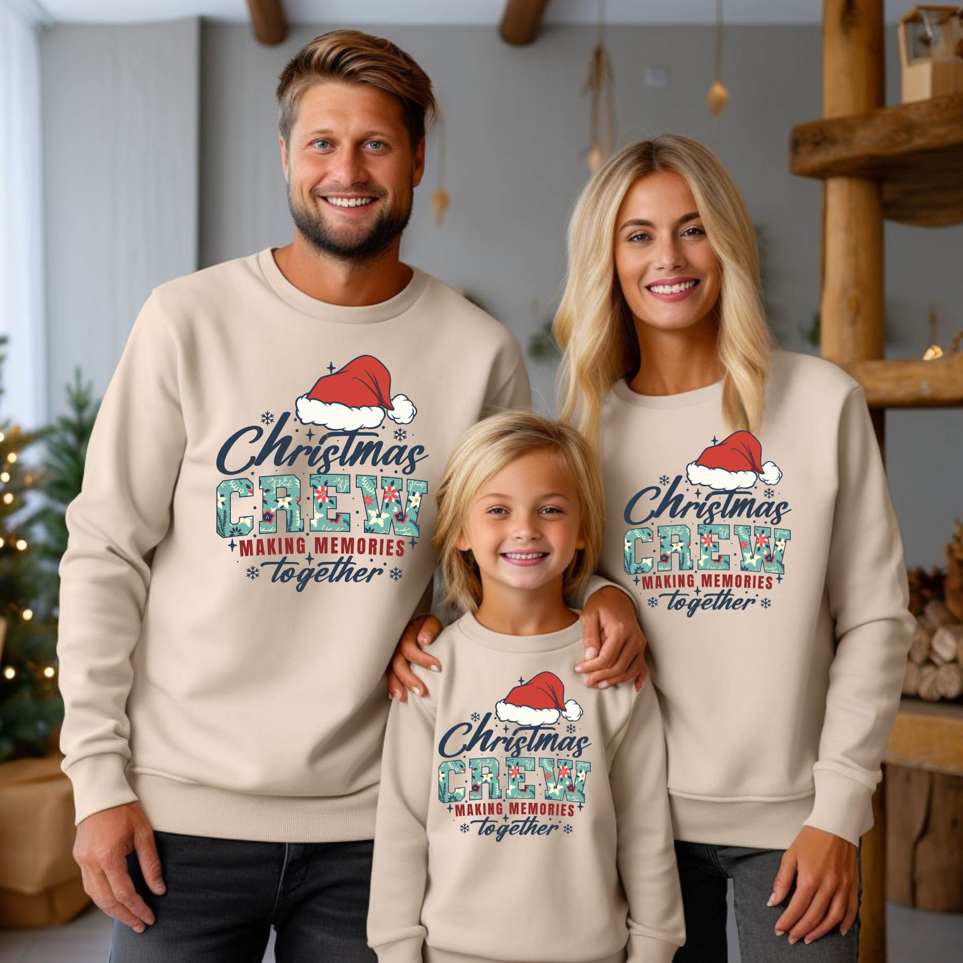 Family of three wearing matching 'Christmas Crew' sweatshirts in a festive indoor setting.