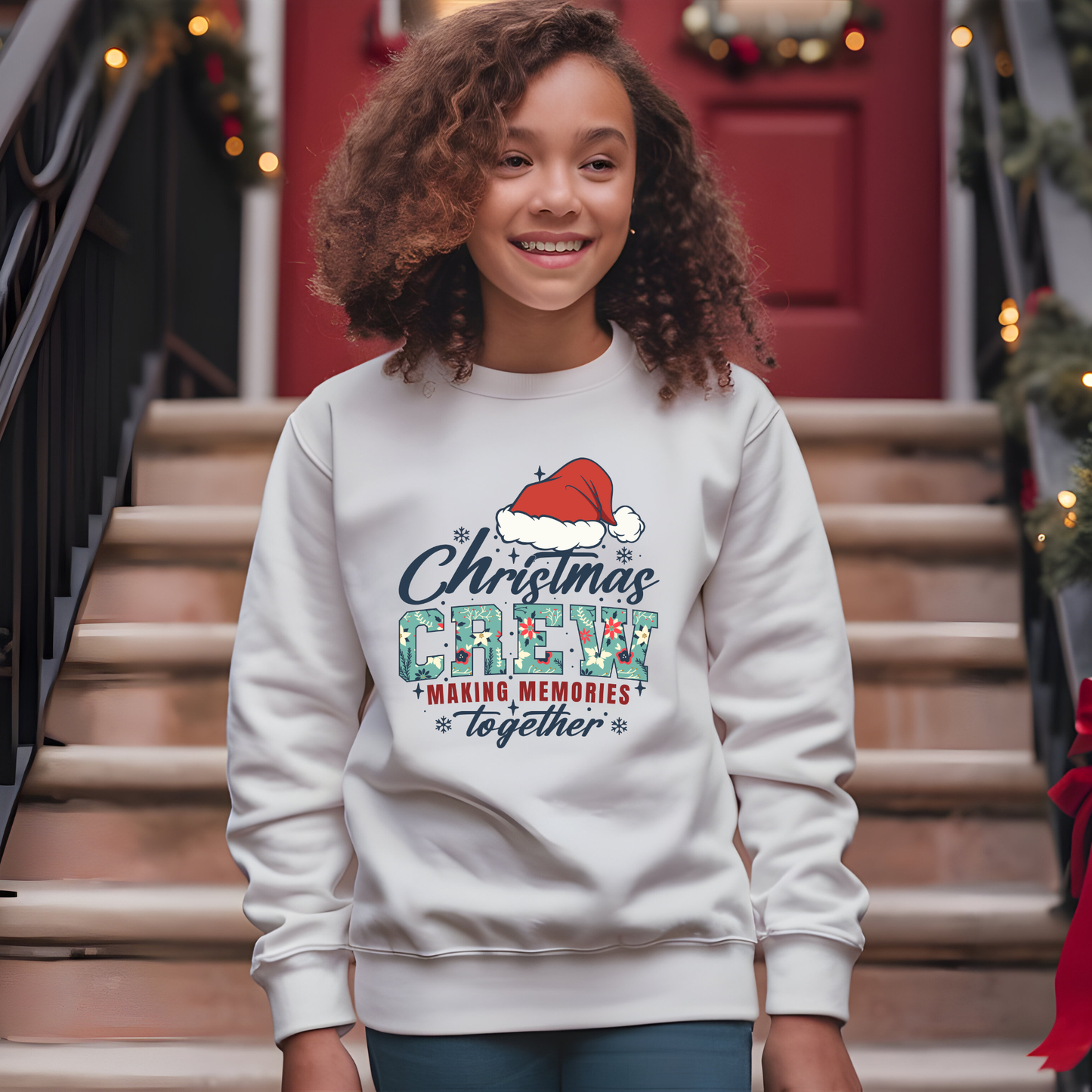 Young girl wearing a white sweatshirt with Christmas-themed text, standing on steps.