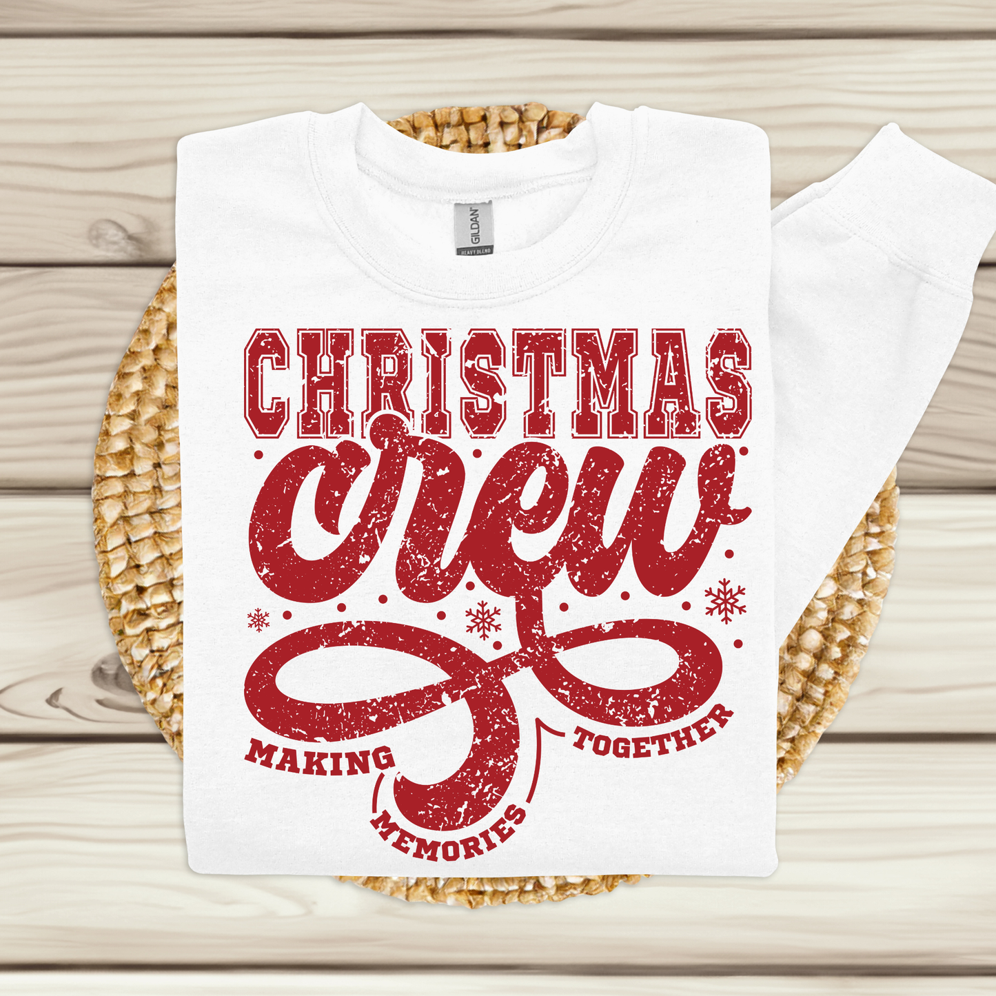 White t-shirt with red 'Christmas Crew' text on a woven mat  Christmas Crew Making Memories Together T-Shirt - Family Matching Holiday Sweater