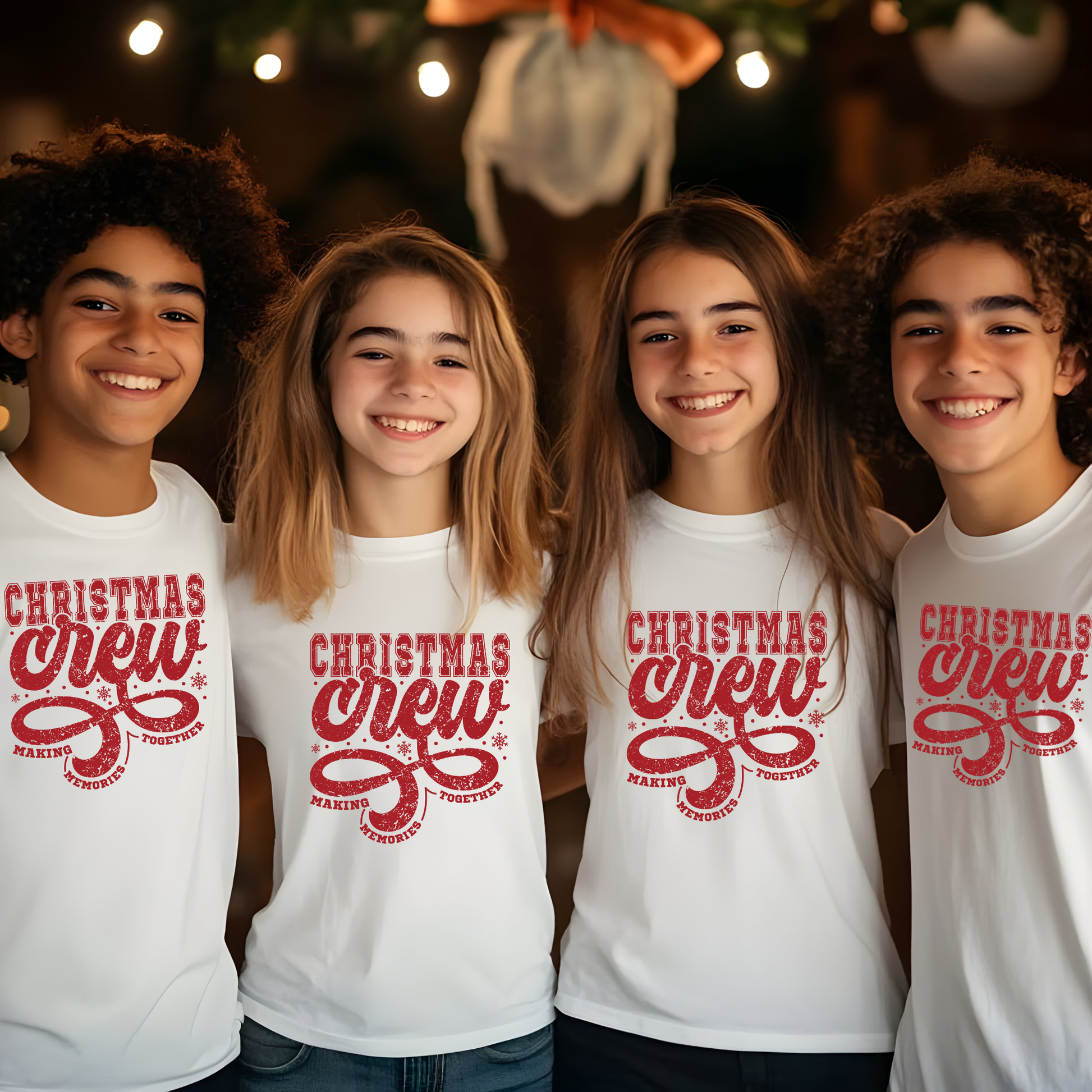 Four children wearing 'Christmas Crew' shirts with a festive background.  Christmas Crew Making Memories Together T-Shirt - Family Matching Holiday Sweater