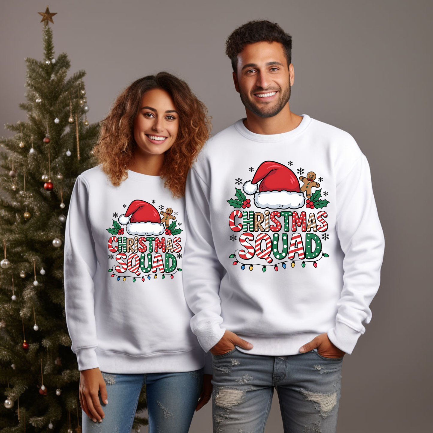 Two people wearing 'Christmas Squad' sweaters in front of a decorated Christmas tree.  Matching Family Christmas Squad Shirt - Christmas Squad Family Matching T-Shirt
