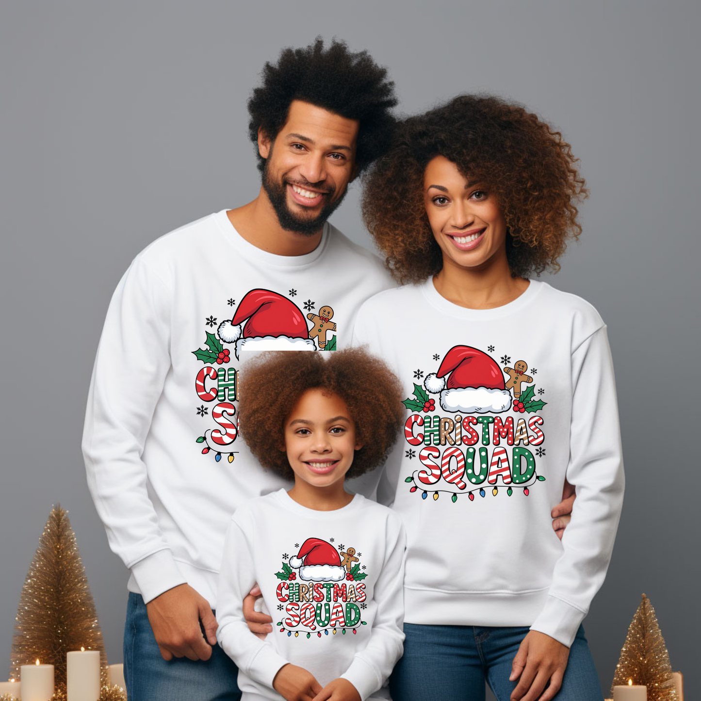 Family of three wearing matching Christmas-themed sweatshirts with a gray background.  Matching Family Christmas Squad Shirt - Christmas Squad Family Matching T-Shirt