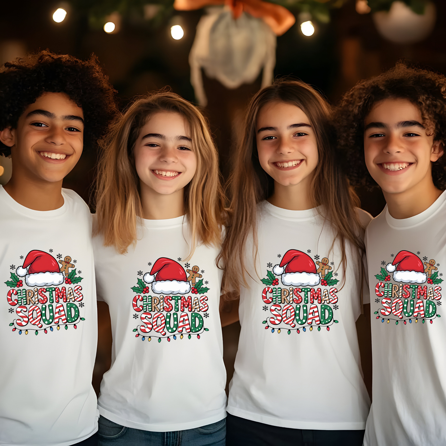 Four children wearing 'Christmas Squad' shirts with festive designs.  Matching Family Christmas Squad Shirt - Christmas Squad Family Matching T-Shirt