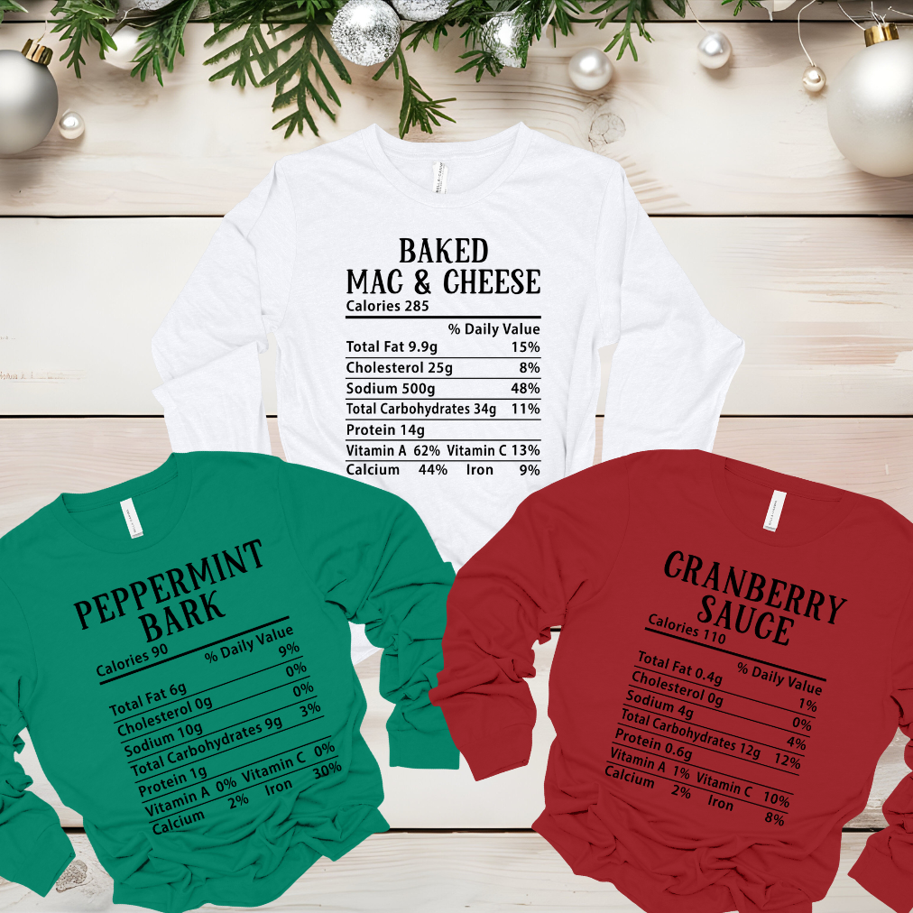 Family Matching Christmas Nutrition Label T-Shirt - Kids Shirt  Family Matching Christmas Food Nutrition Label Long Sleeve Unisex T-Shirt