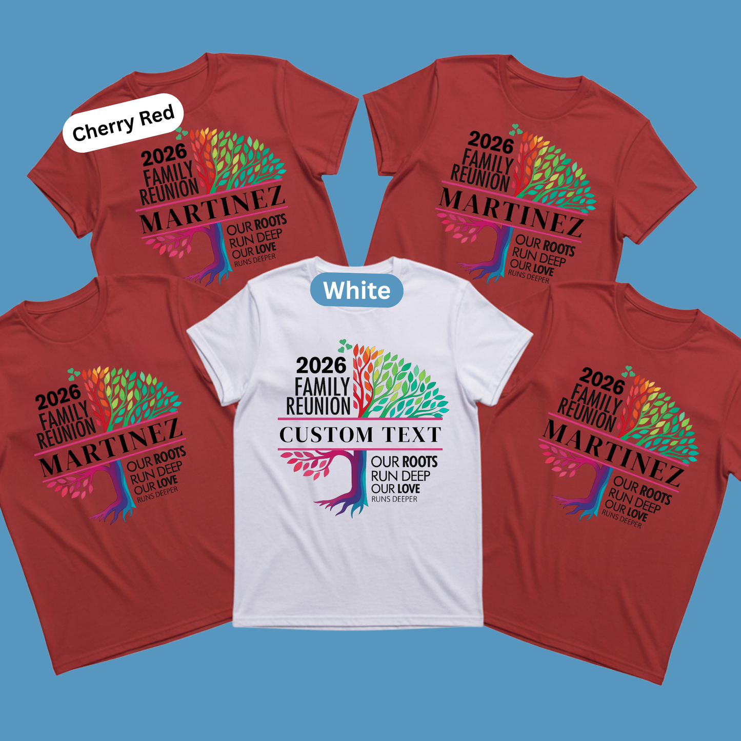 Four family reunion t-shirts with customizable text on a blue background