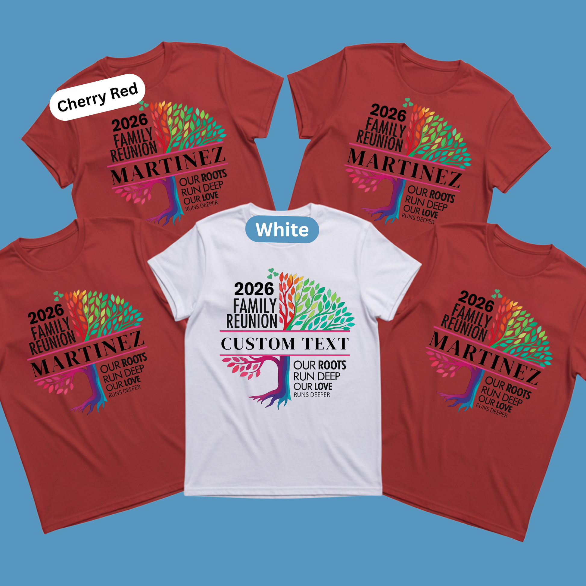 Four family reunion t-shirts with customizable text on a blue background
