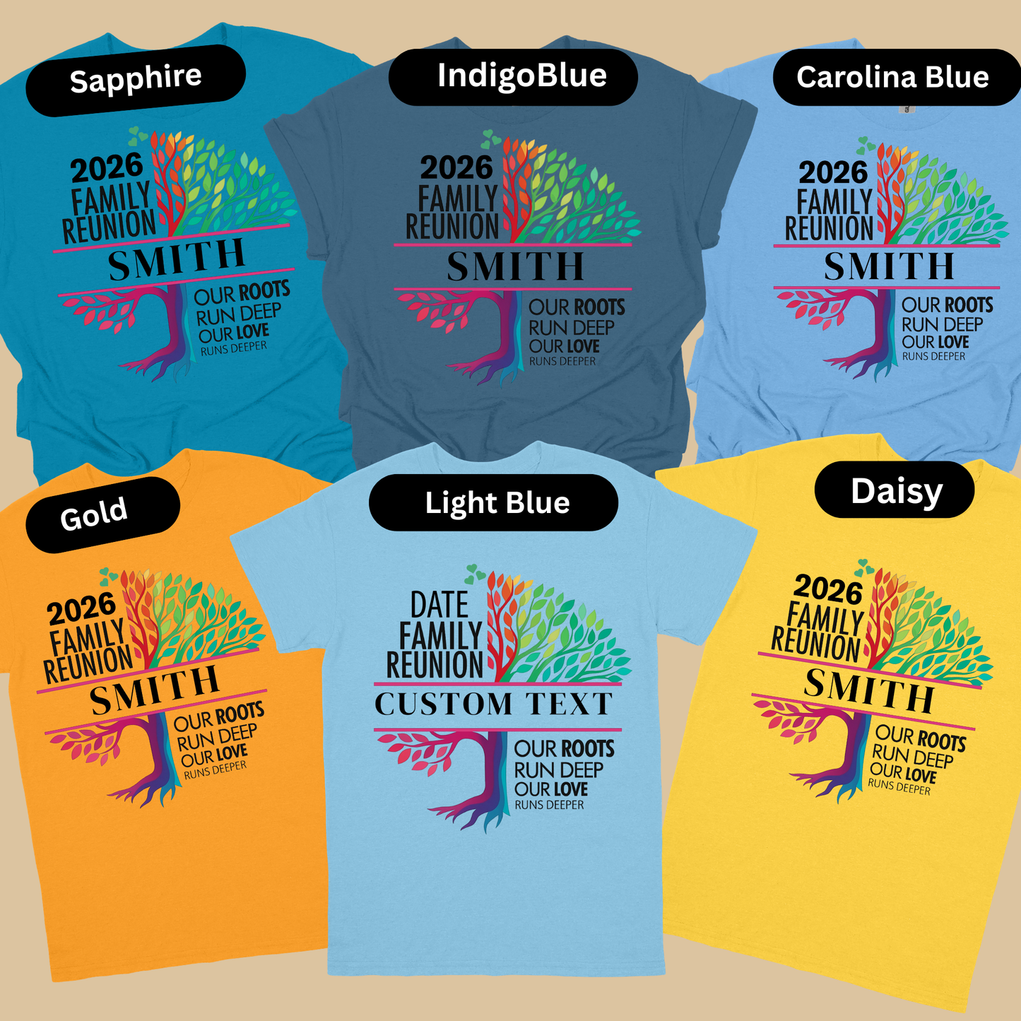 Collection of family reunion t-shirts in various colors with customizable text.