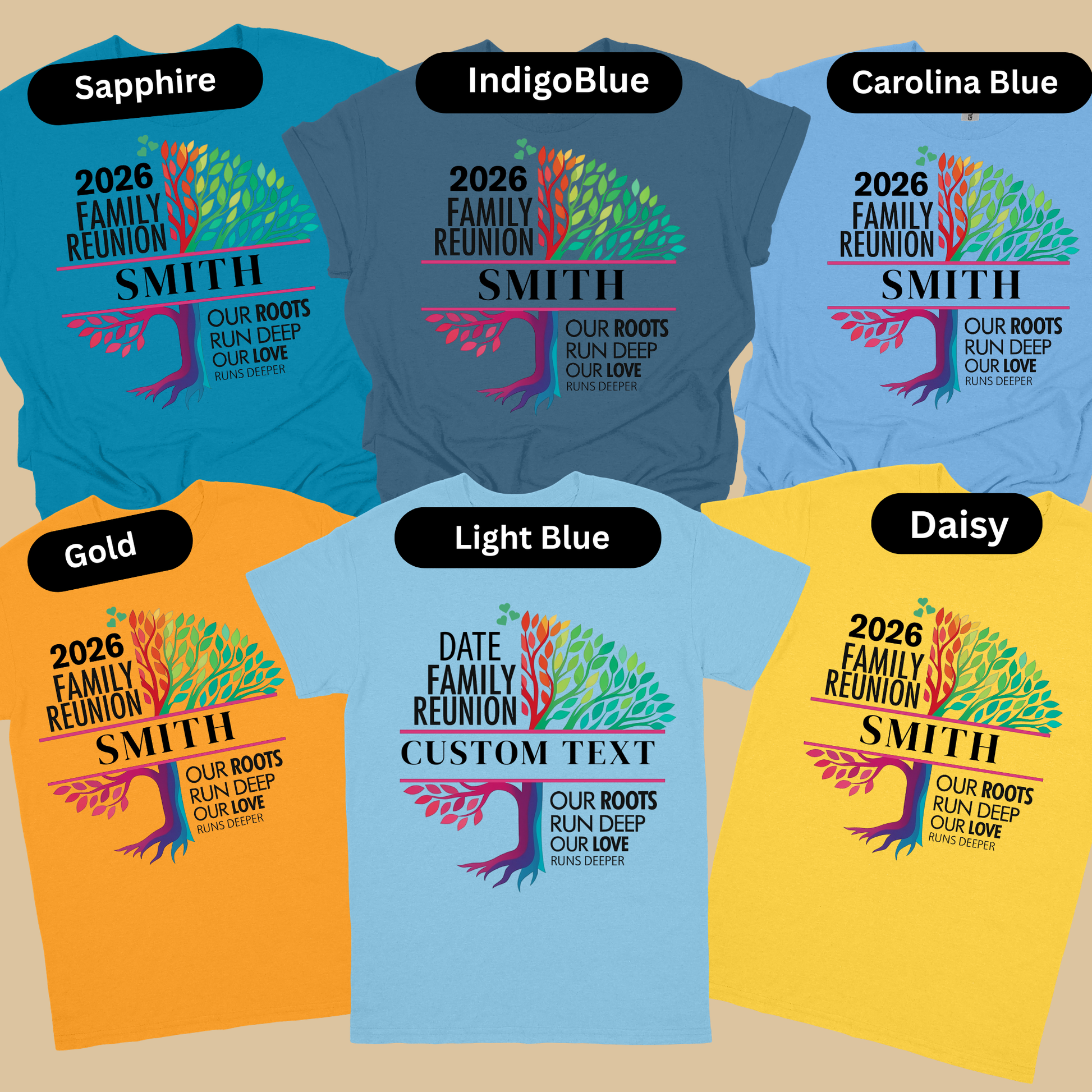 Collection of family reunion t-shirts in various colors with customizable text.