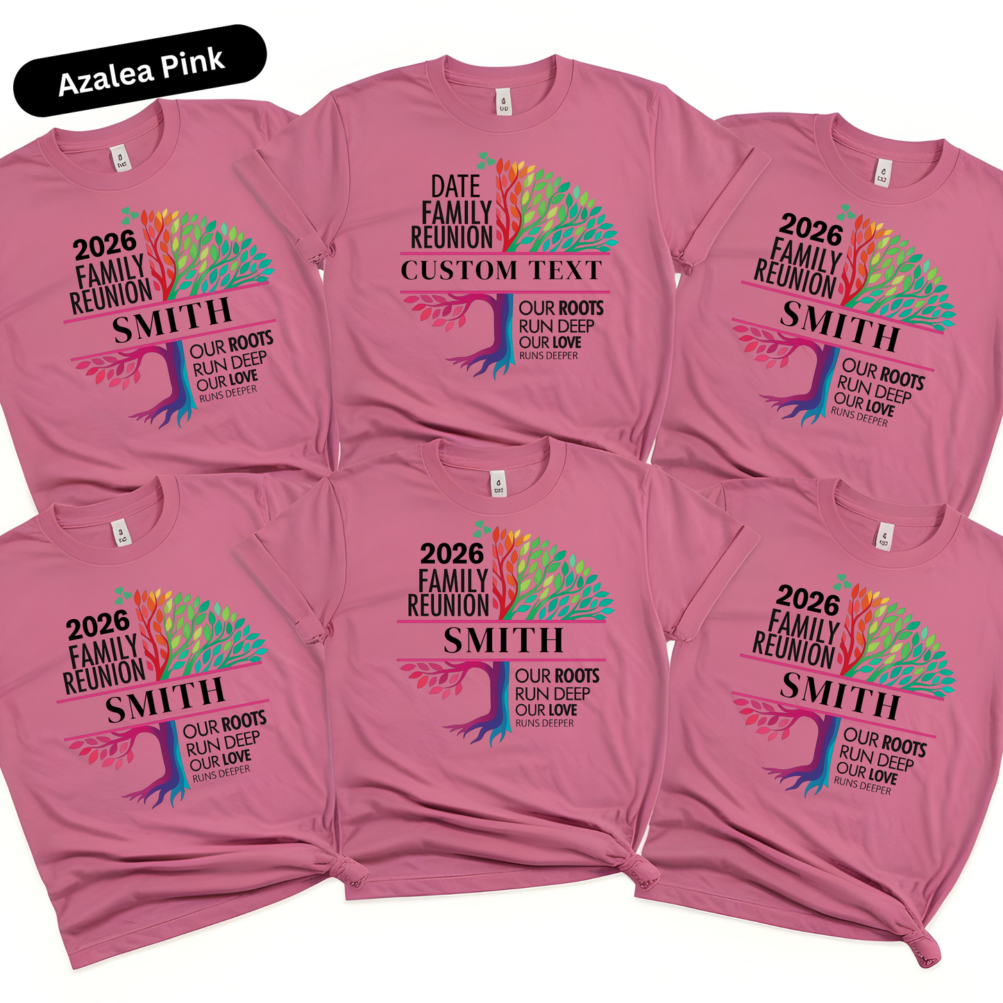 Pink t-shirts with family reunion design and text on a white background