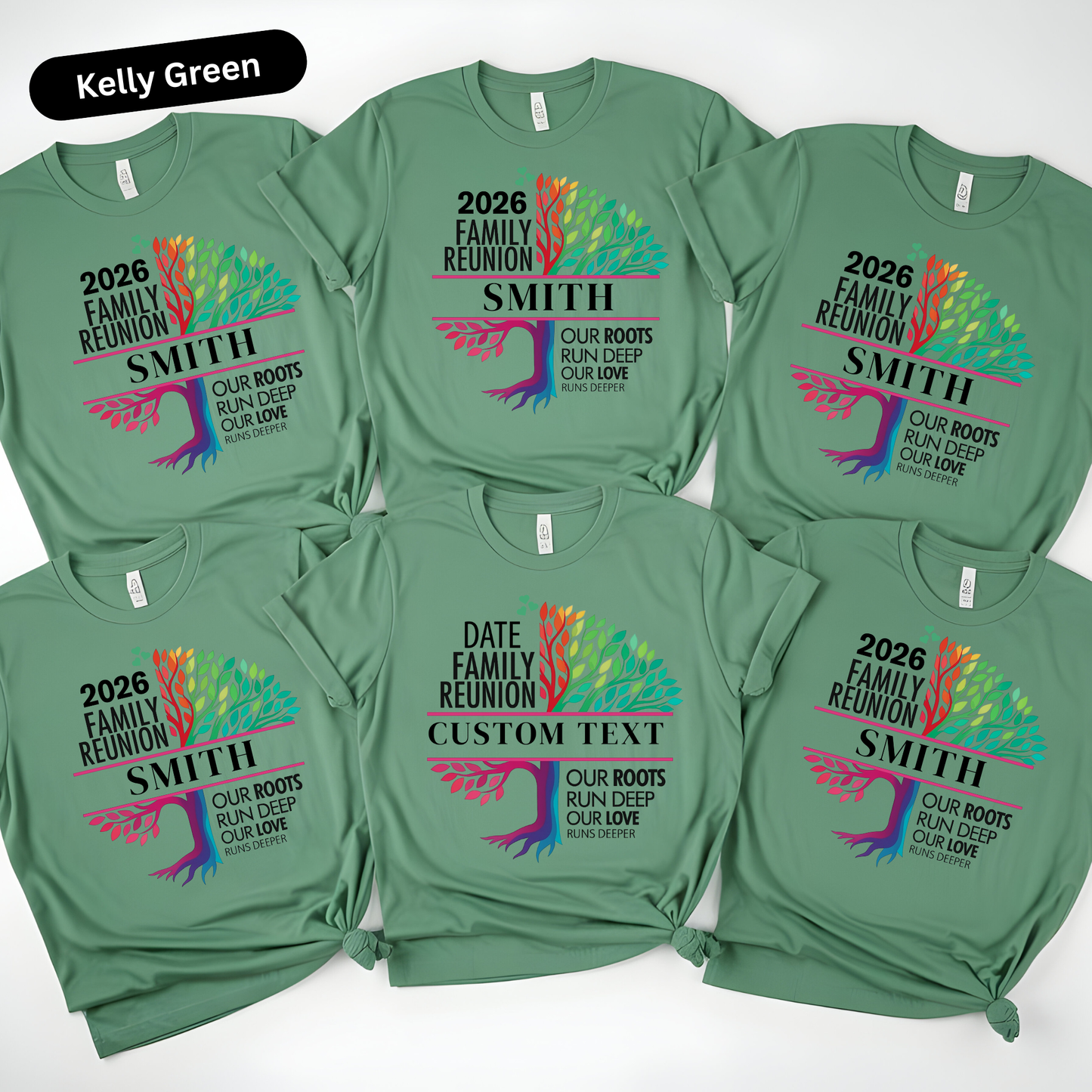 Green t-shirts with family reunion design and customizable text on a white background