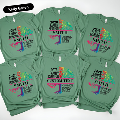 Green t-shirts with family reunion design and customizable text on a white background